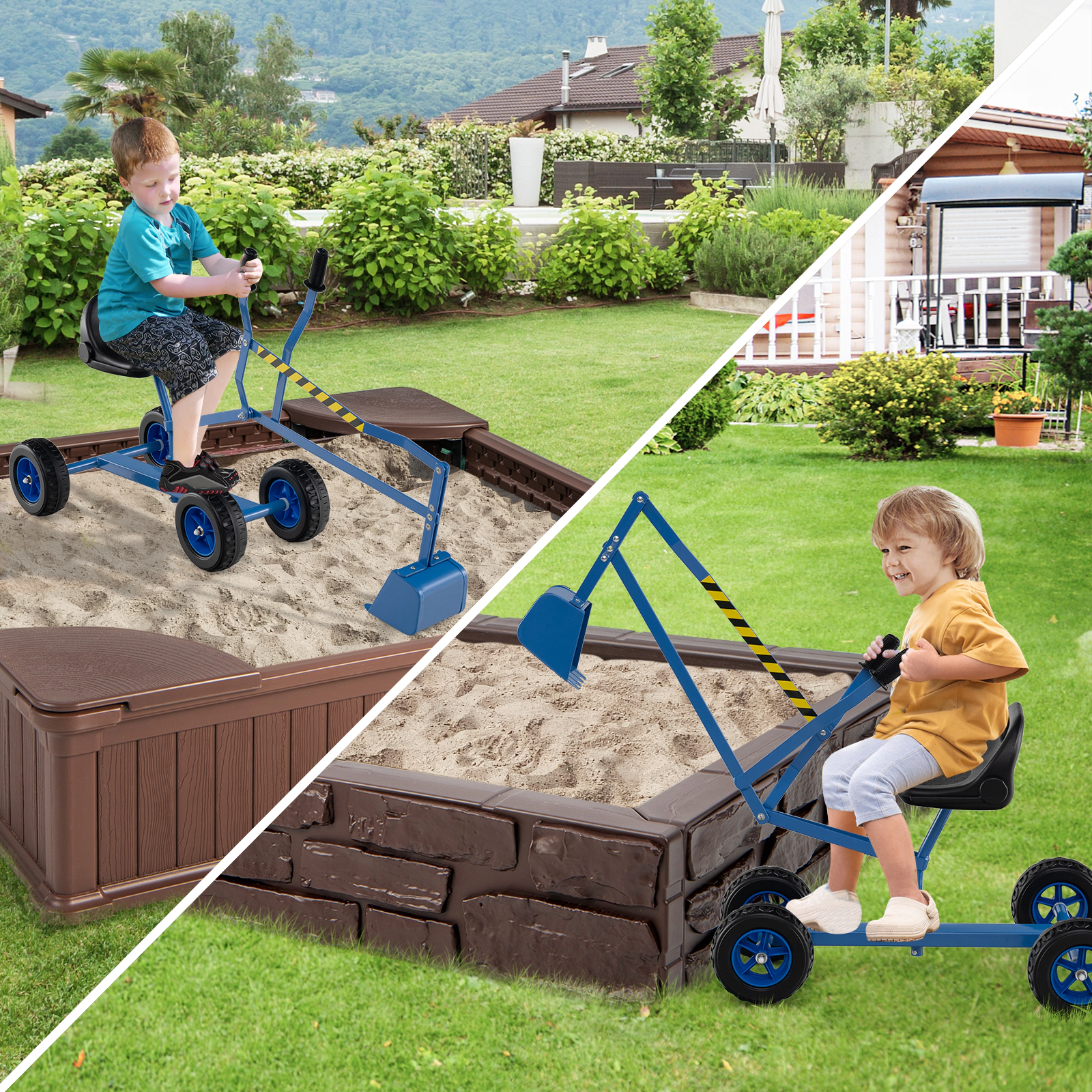 Blue Kids Ride-On Sand Digger Excavator Toy on 4 Wheels 2-Handed Levers Swivel Seat 110-lb Capacity Ages 3+
