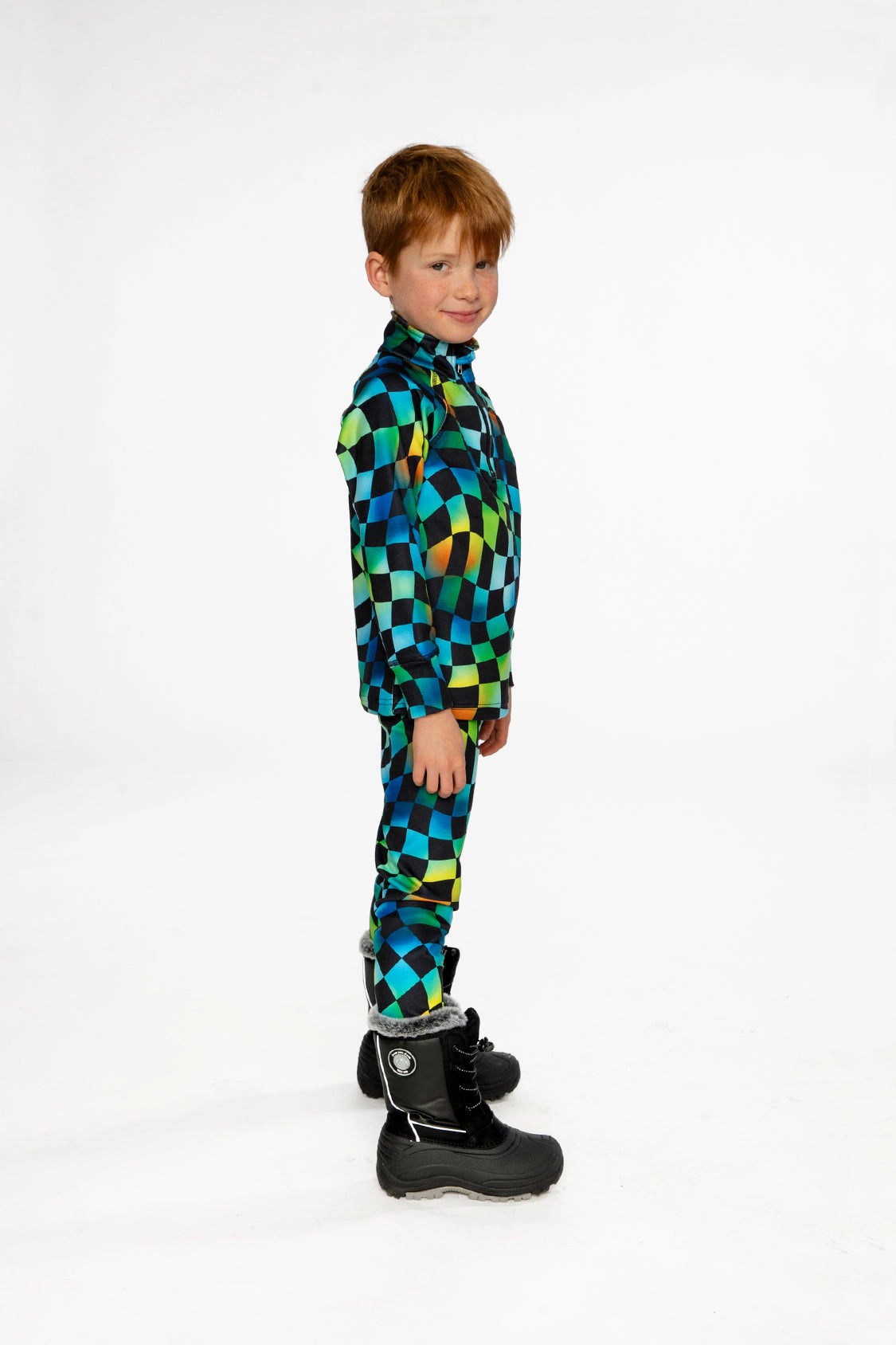 Deux par Boys Two Piece Checkered Print Half-Zip Thermal Underwear Top and Pants Set