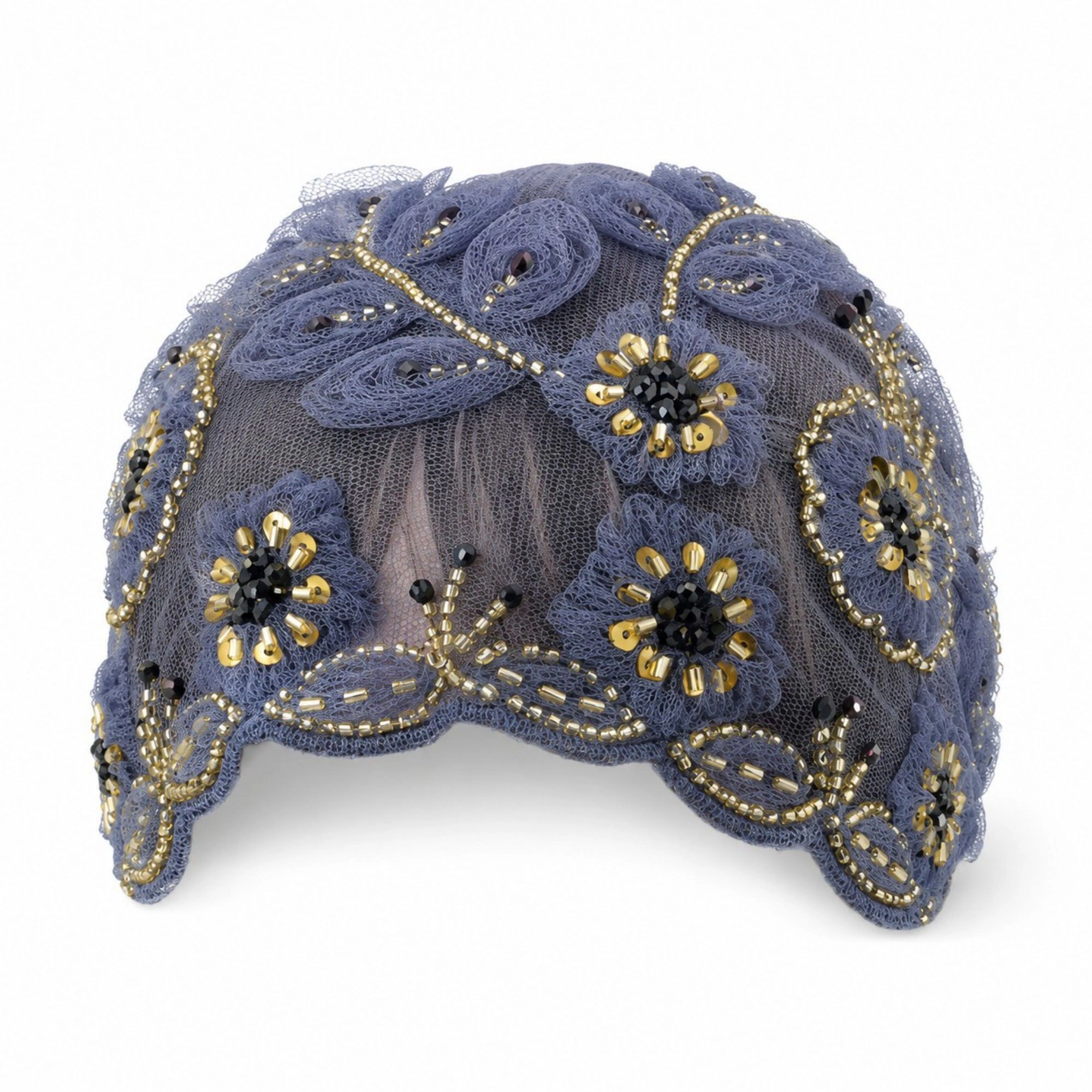 Anna-Kaci Women's Floral Beaded Mesh Cloche Cap with Scalloped Trim