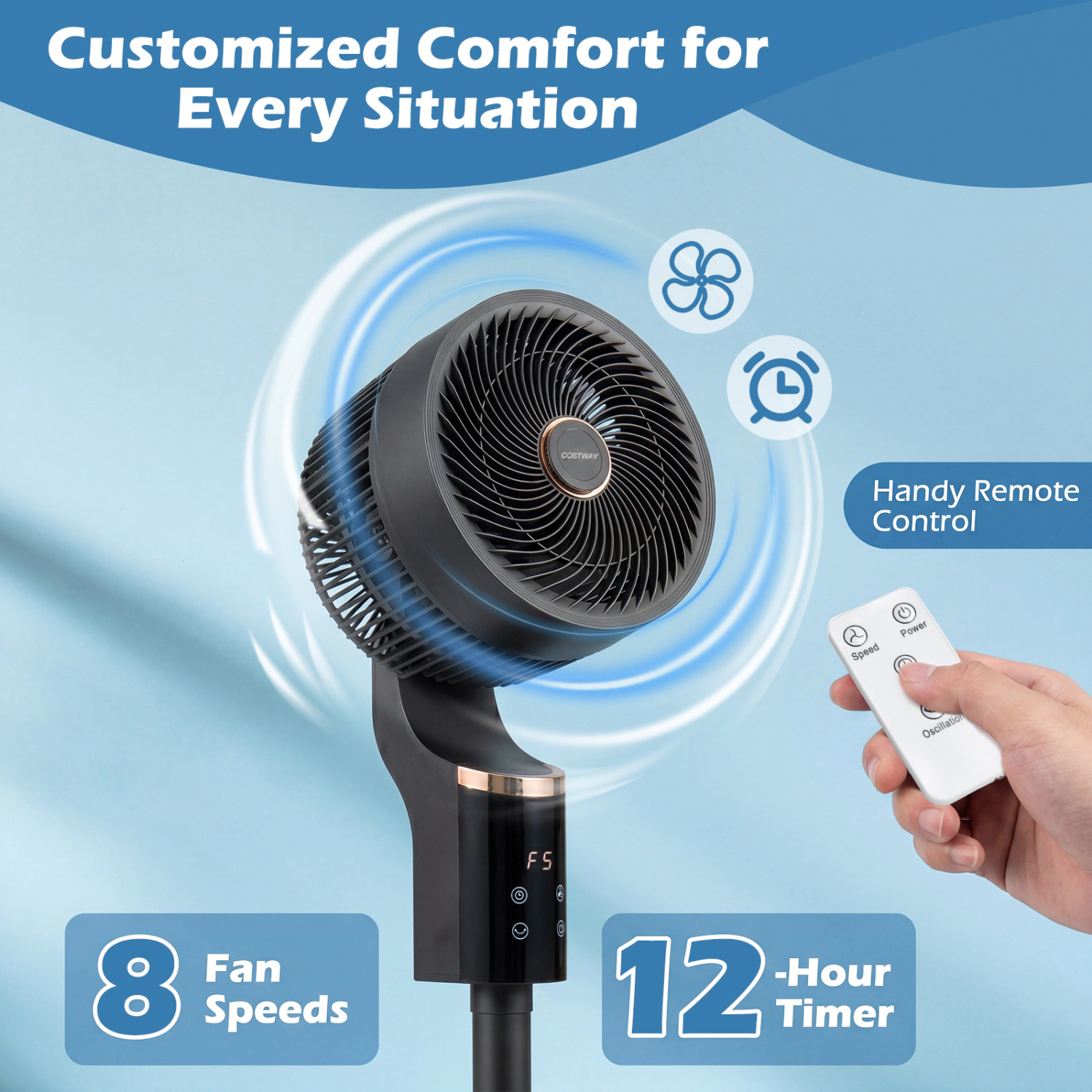 LJG Compact Oscillating Standing Fan with 70° Oscillation and 90° Tilt for Home Office