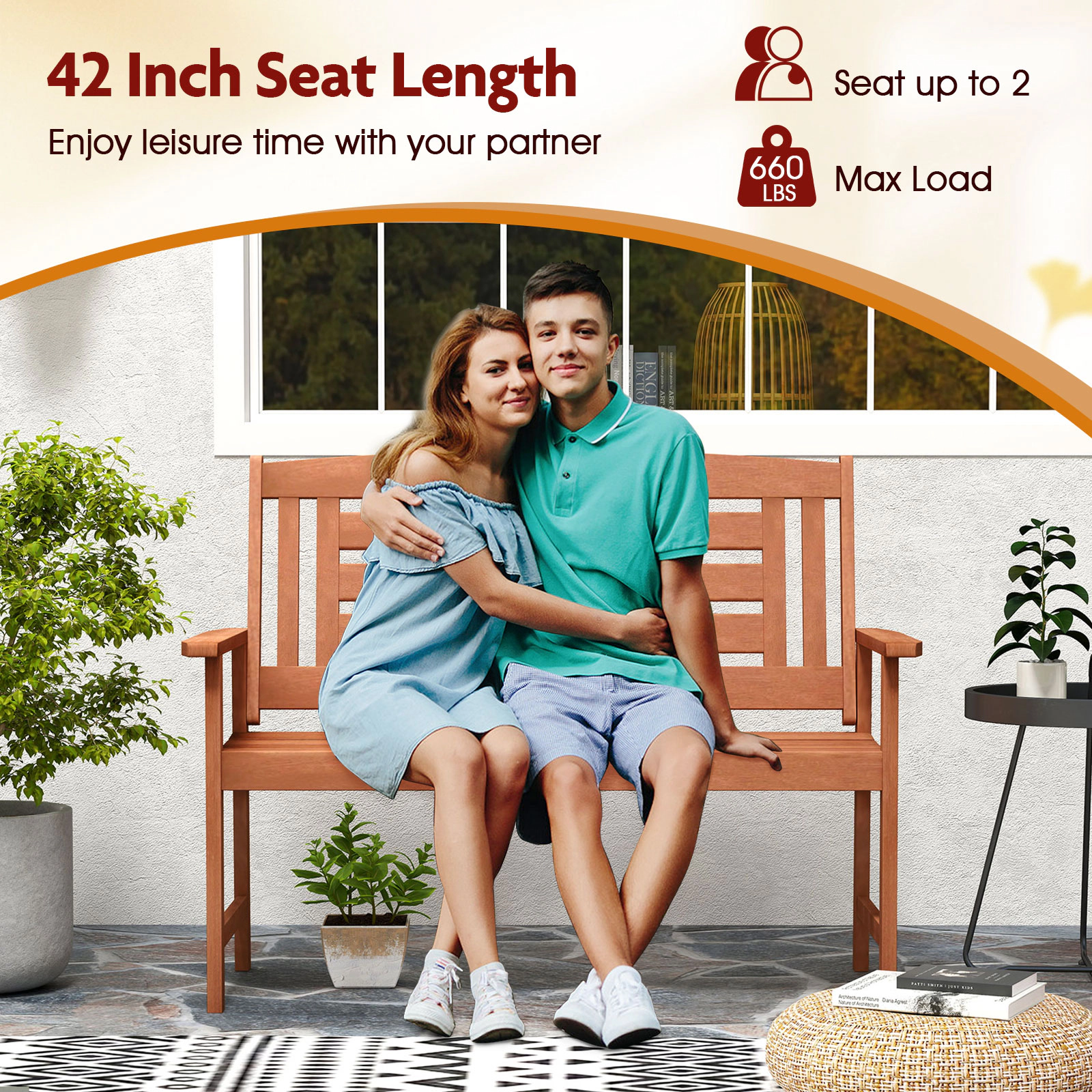 SUGIFT 47.5 in Outdoor Loveseat Teak Finish Hardwood 2-Seat Bench with Inclined Backrest