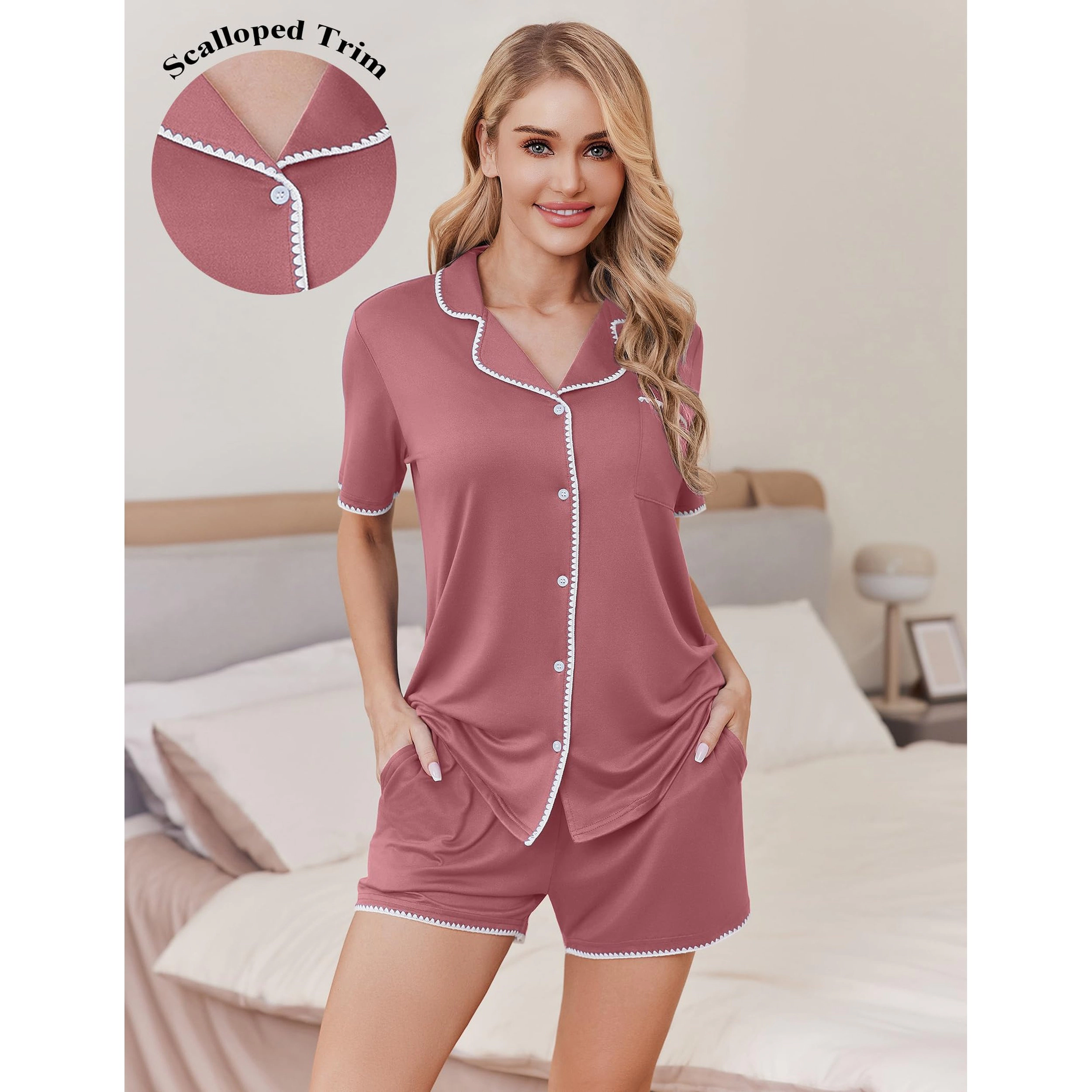 Ekouaer Pajamas for Women Set 2 Piece Soft Button Up Pjs Short Sleeve Summer Lounge Sets Comfy