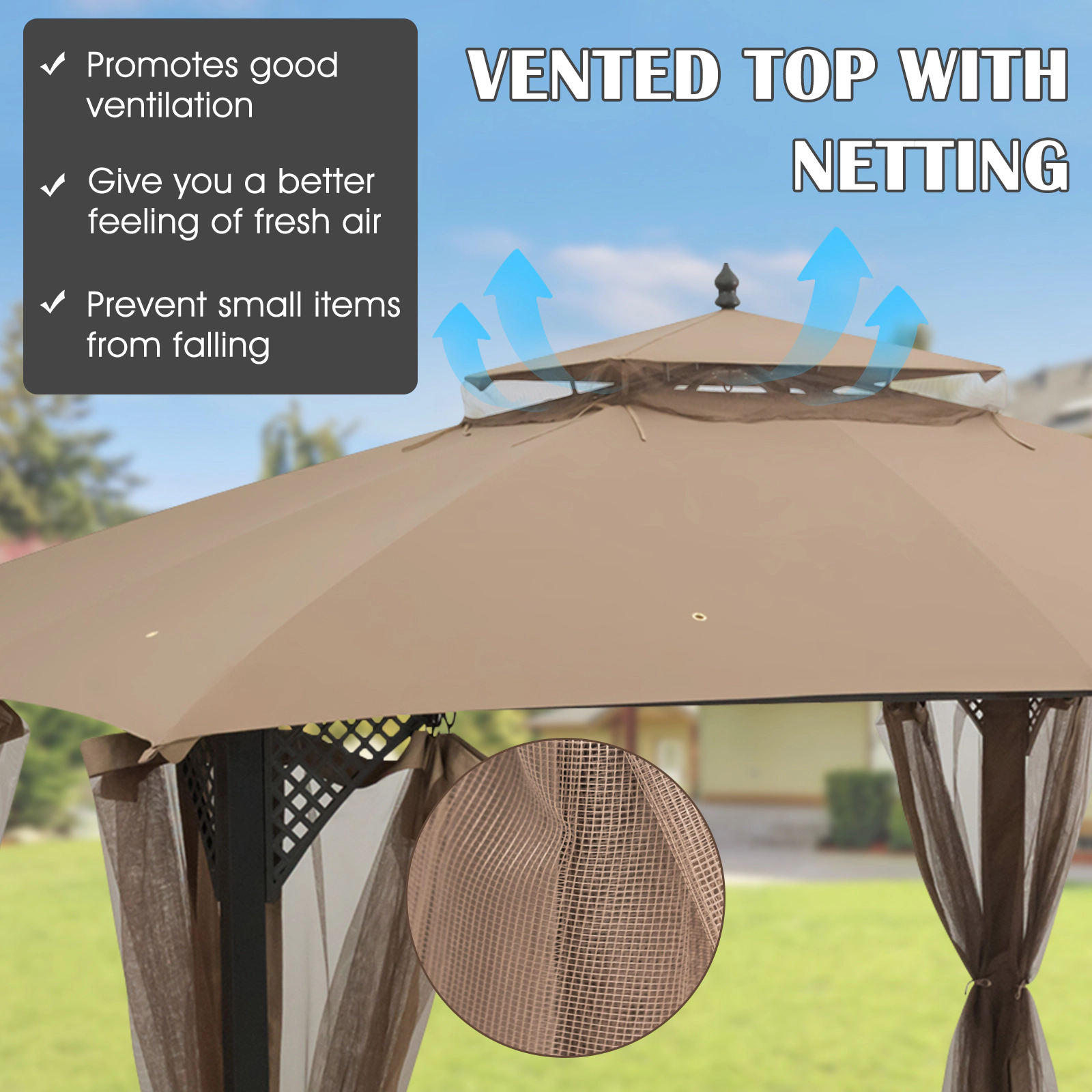 SUGIFT 10-ft x 12-ft Brown Gazebo Replacement Canopy Top with 2-Tier Vented Roof and Drainage Holes