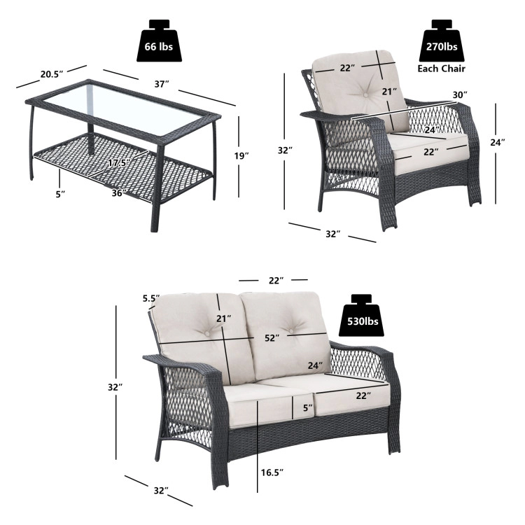 Hivvago 4 Pieces Patio Wicker Furniture Set Loveseat Sofa Coffee Table With Cushion-Beige