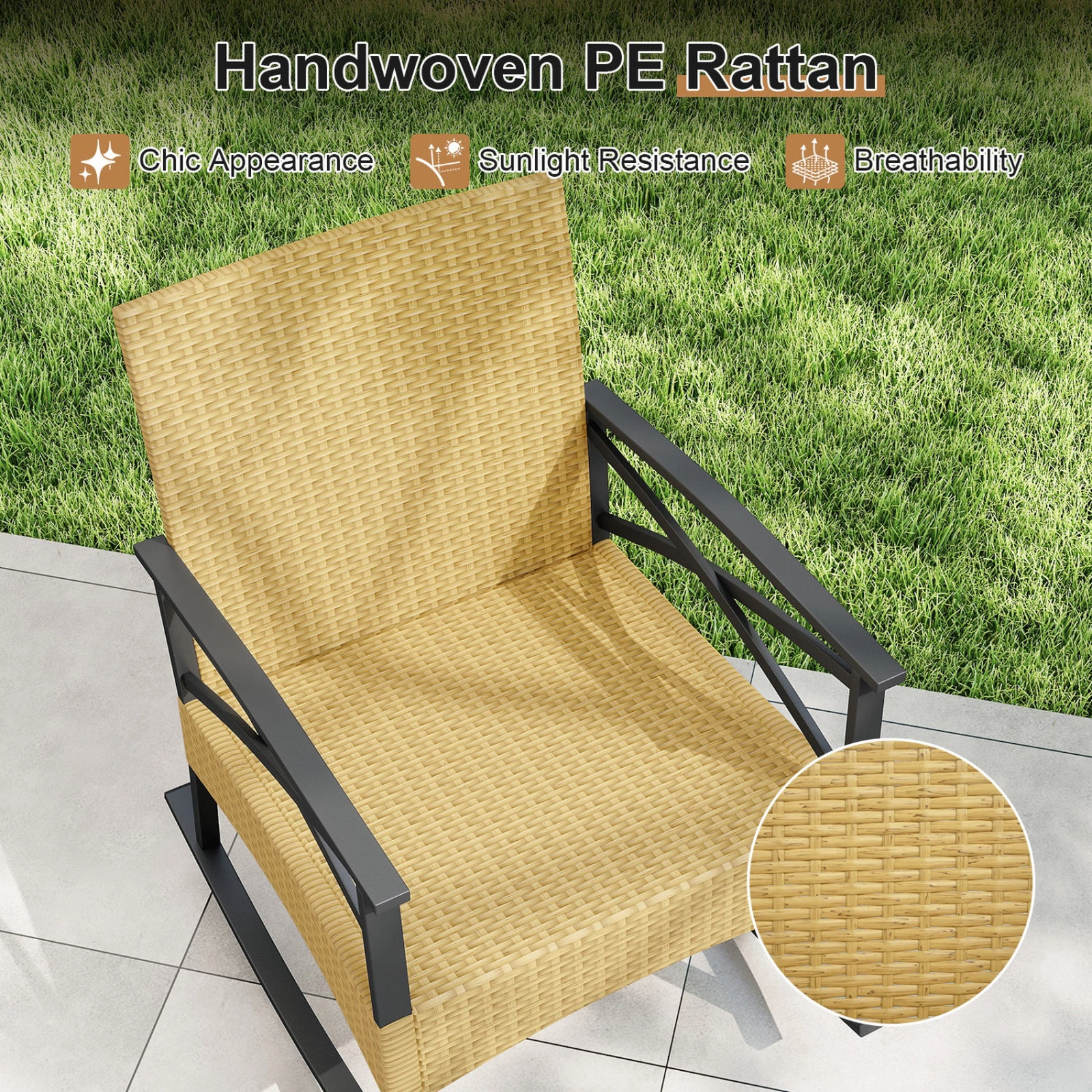 SUGIFT Outdoor Rocking Chair Conversation Set with 2-Tier Side Table 400-Lb Chair Capacity Gray Cushions