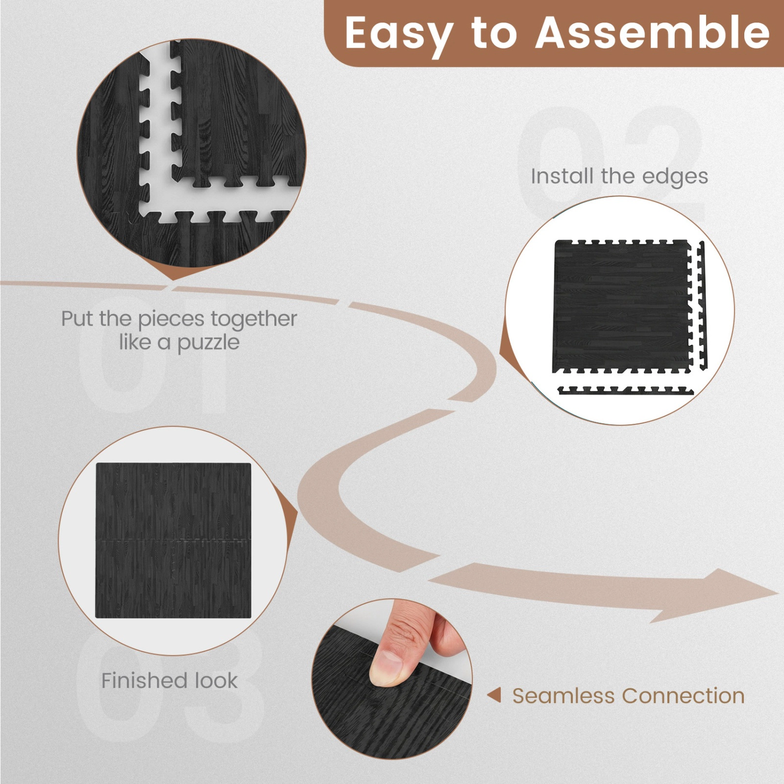 SUGIFT Black 25 Tile Wood Grain Interlocking Foam Floor Mat Set with 50 Borders 24-in W 24-in D 0.4-in H