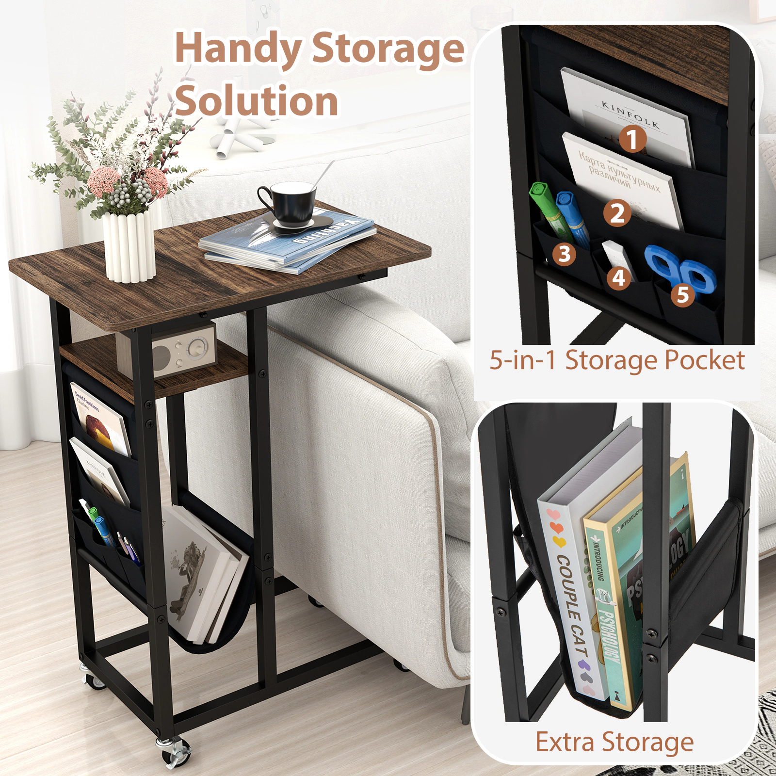 SUGIFT C-Shaped End Table Coffee with Charging Station Retractable Top and Wheels