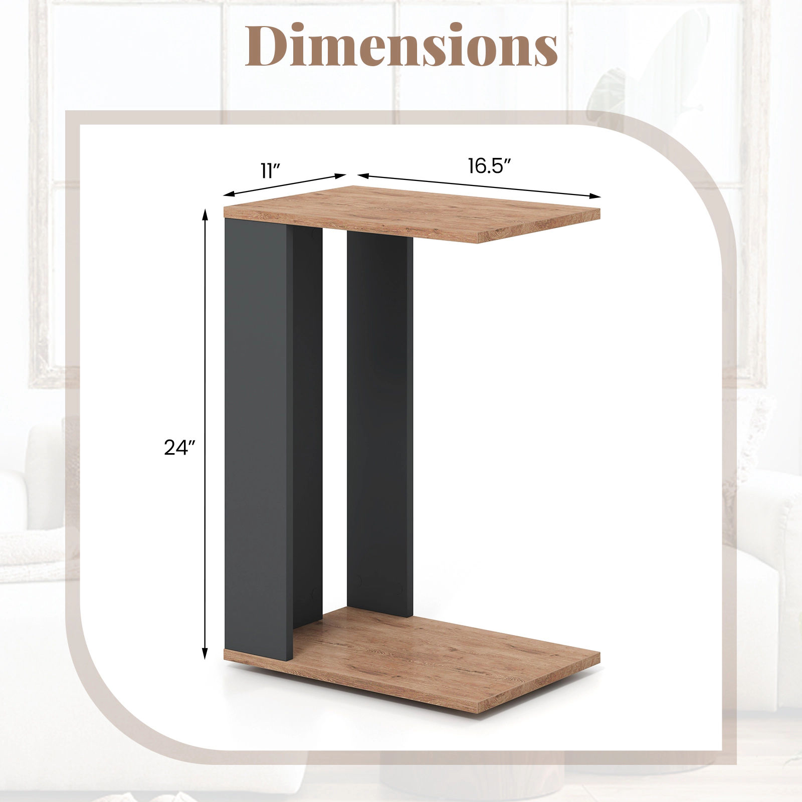SUGIFT 2-Tier C-Shaped Side Table with Universal Wheels and Shelf 16.5-lb Tabletop Capacity Rustic Brown & Anthracite
