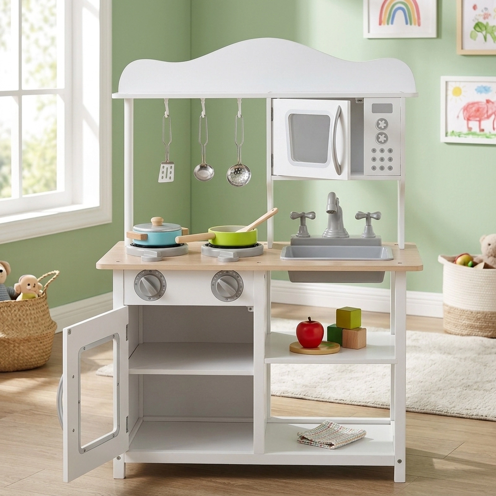 Wooden Pretend Play Kitchen Set for Kids Sink Oven Clicking Stove Knobs 2-Tier Shelf 23.5-in x 12-in x 32.5-in White