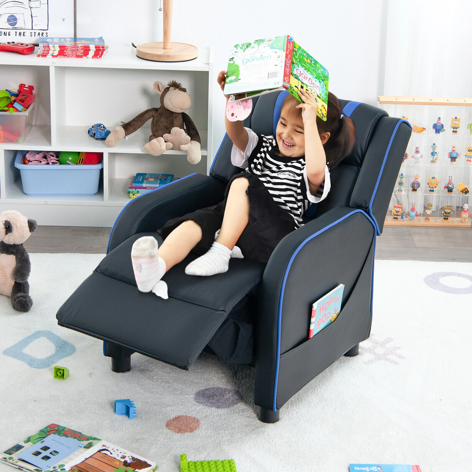 SUGIFT High-Density Sponge Kids Recliner Chair with Side Pockets and Footrest 110-lb Capacity Ages 3-12 Blue