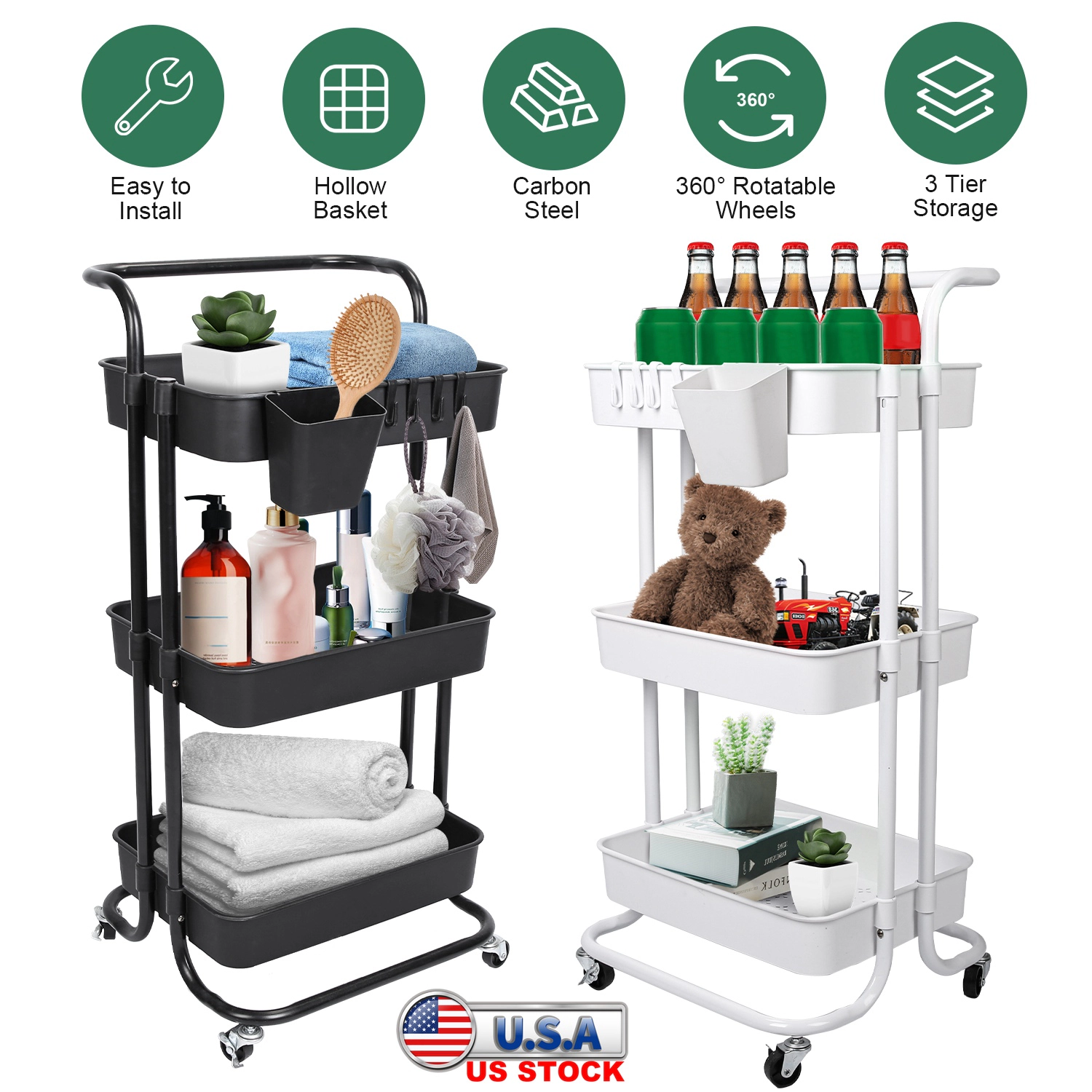 GBruno 3-Tier Rolling Utility Cart With Mesh Baskets