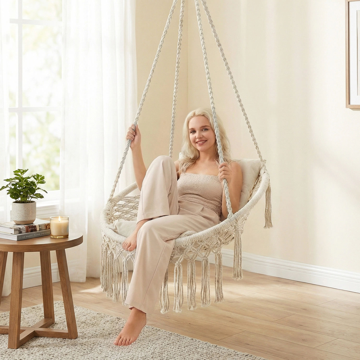 LJG Macrame Swing Chair Hammock with 2 Removable Cushions