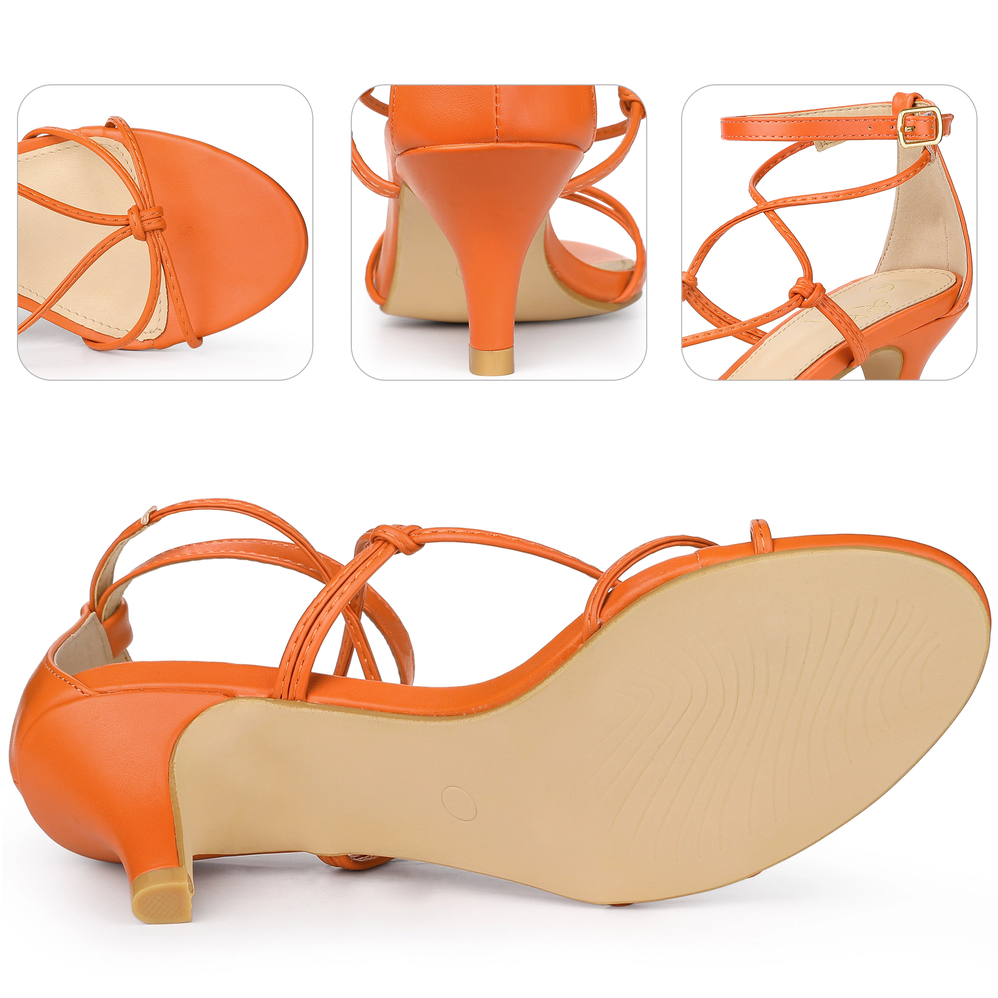 BLISSFUL STEP Women's Strappy Knot Ankle Strap Kitten Heels Open Toe Sandals