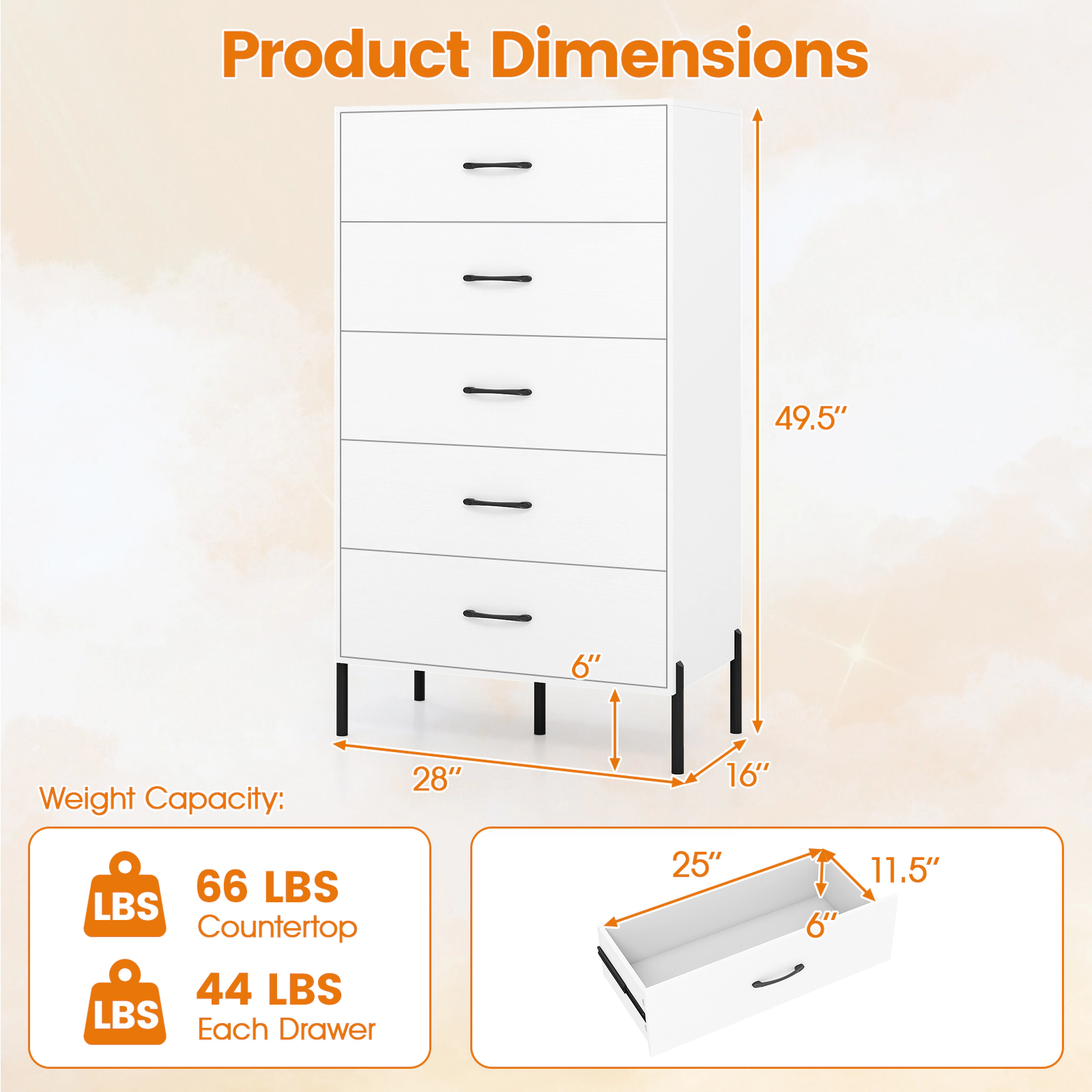 Glintex 49.5-Inch Tall 5-Drawer Chest with Metal Legs and Anti-Tip Kits, White