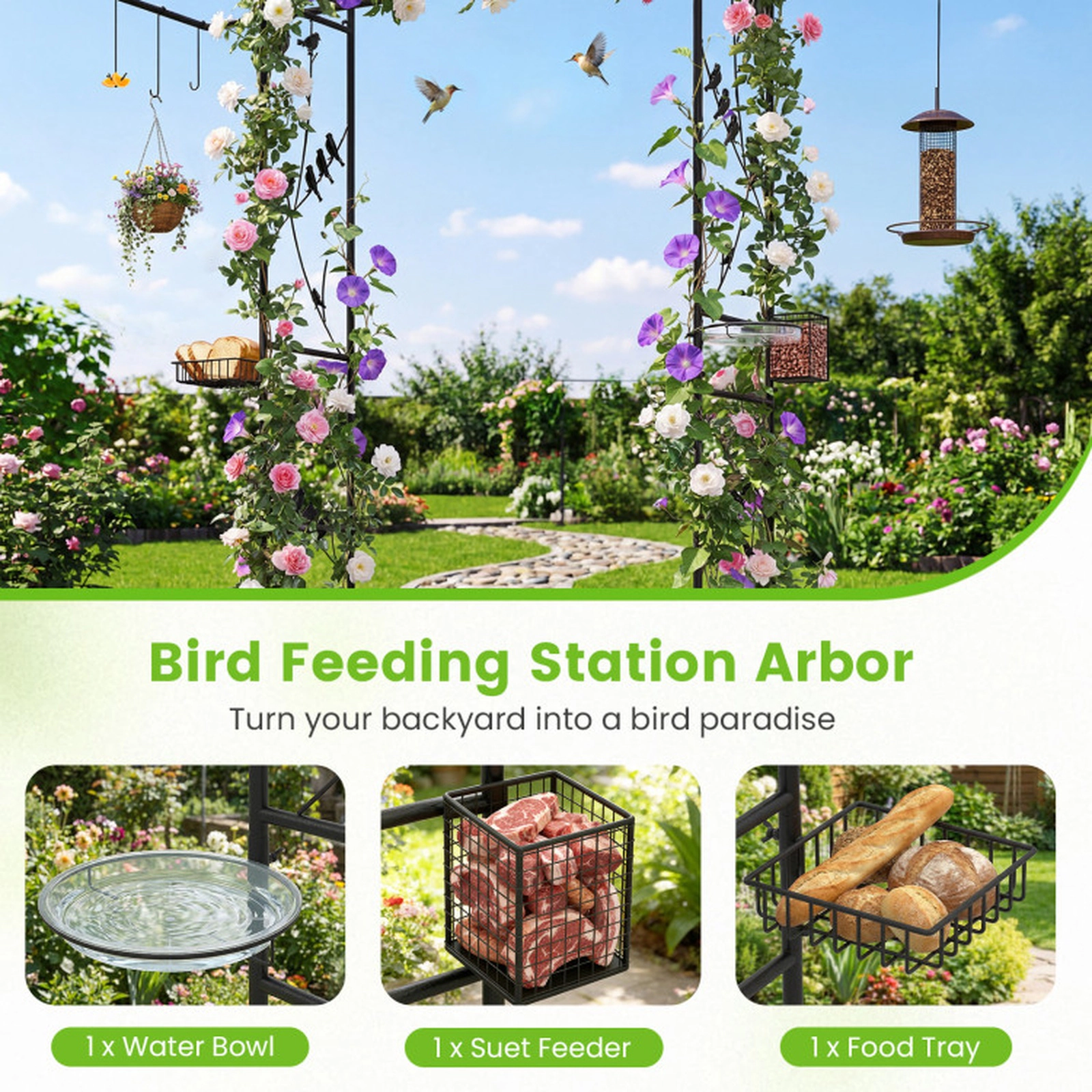 SUGIFT 84-in Garden Arbor Bird Feeding Station Trellis with 7 Hooks Water Bowl Mesh Tray and Suet Feeder Black