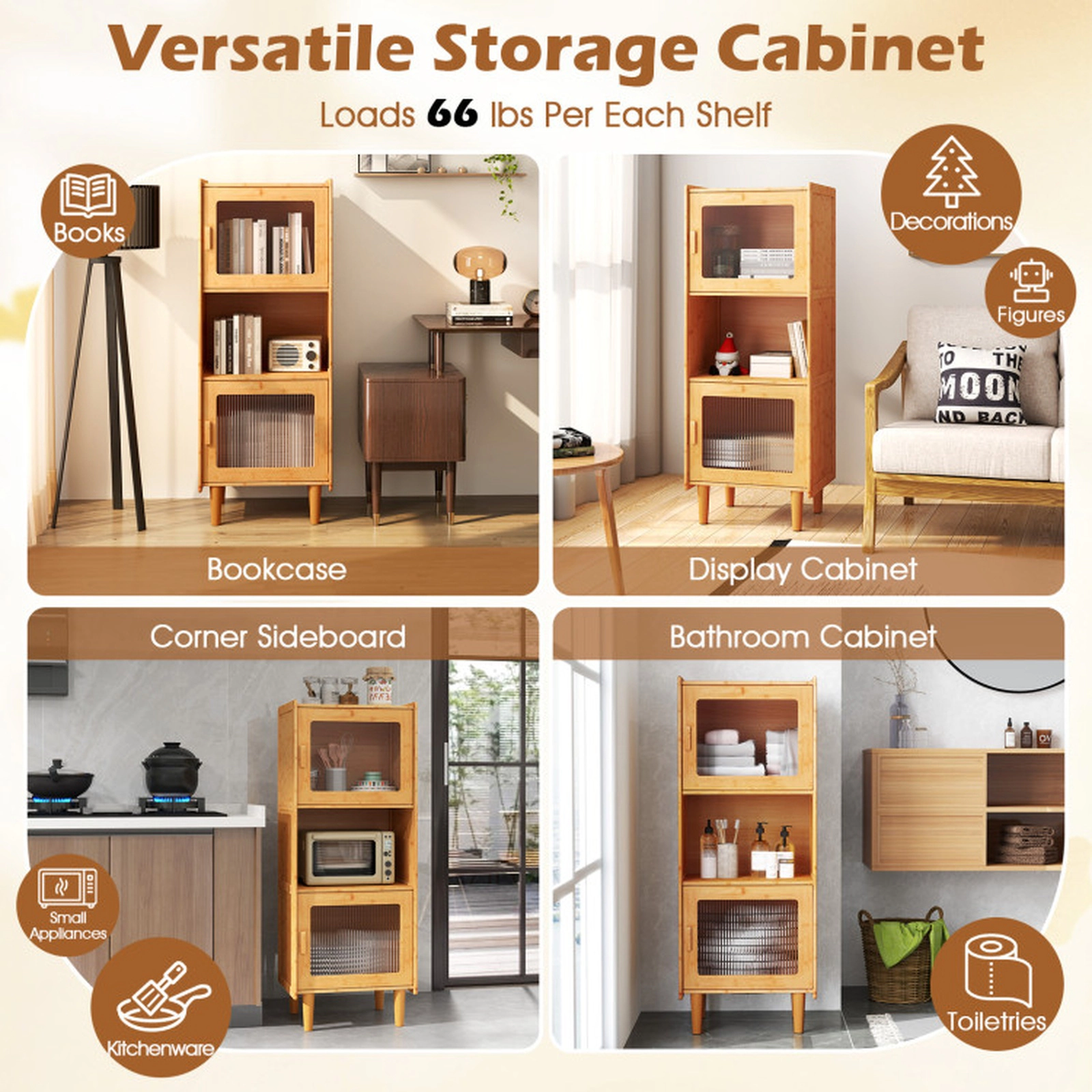 SUGIFT Natural Open Compartment and 2 Acrylic Doors 3-Cube Bamboo Storage Cabinet