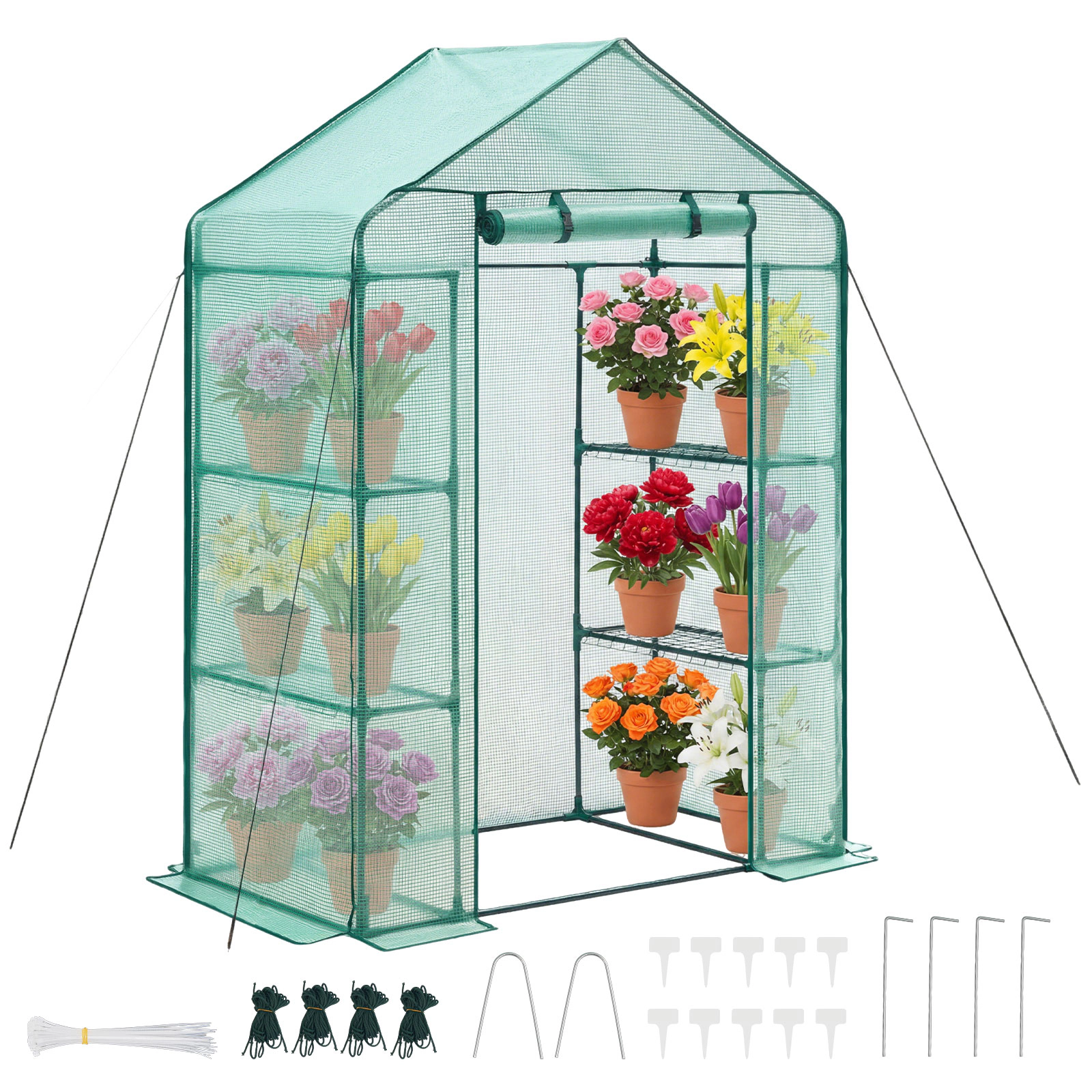 HONGGE Walk-In Greenhouse 55.5 x 28.3 x 78.7 in with 2-Tier 4-Shelf Storage, PE Cover and Roll-Up Zipper Door
