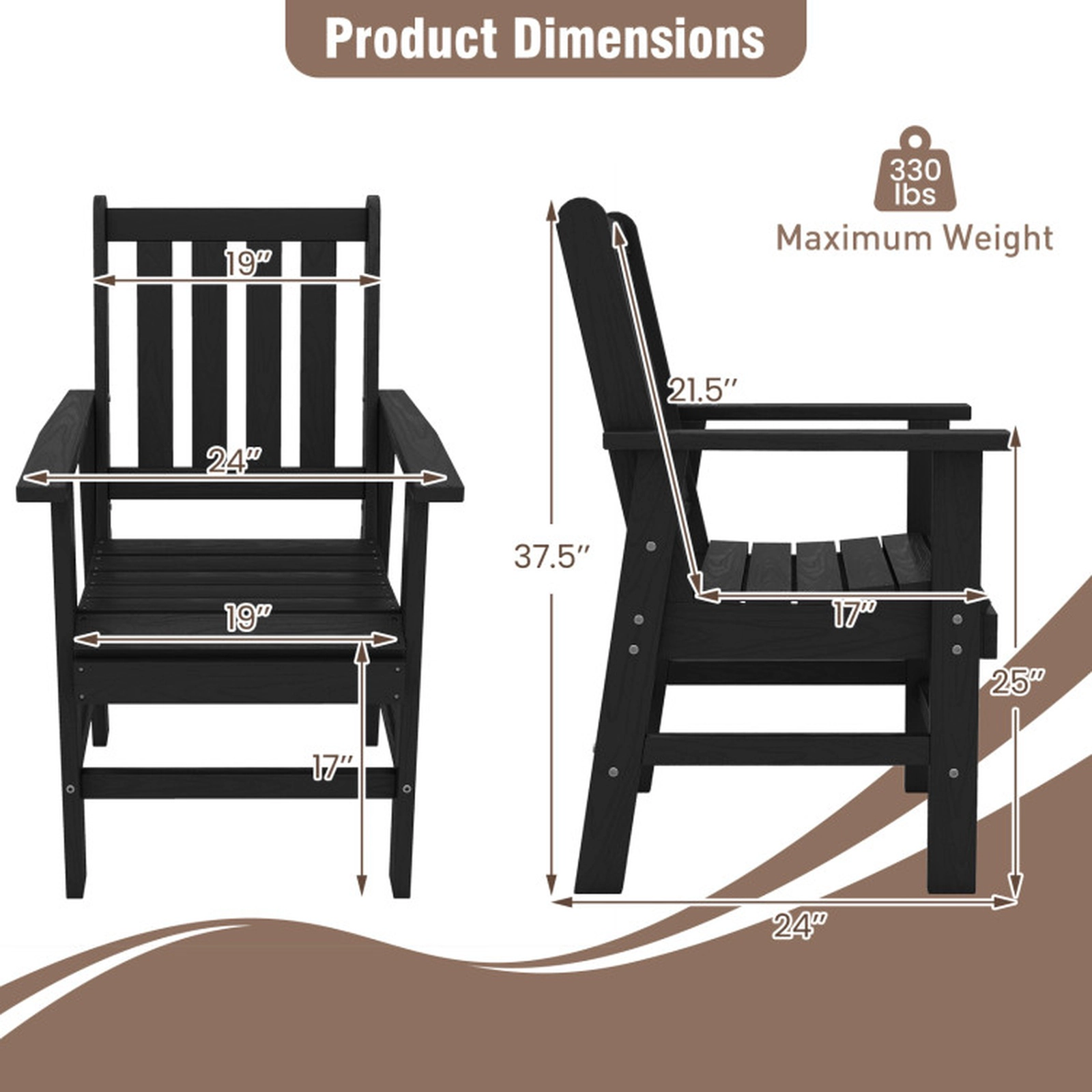 SUGIFT Set of 2 330-lb Capacity Black HDPE Outdoor Dining Chairs with Wide Armrests and Slatted Seat
