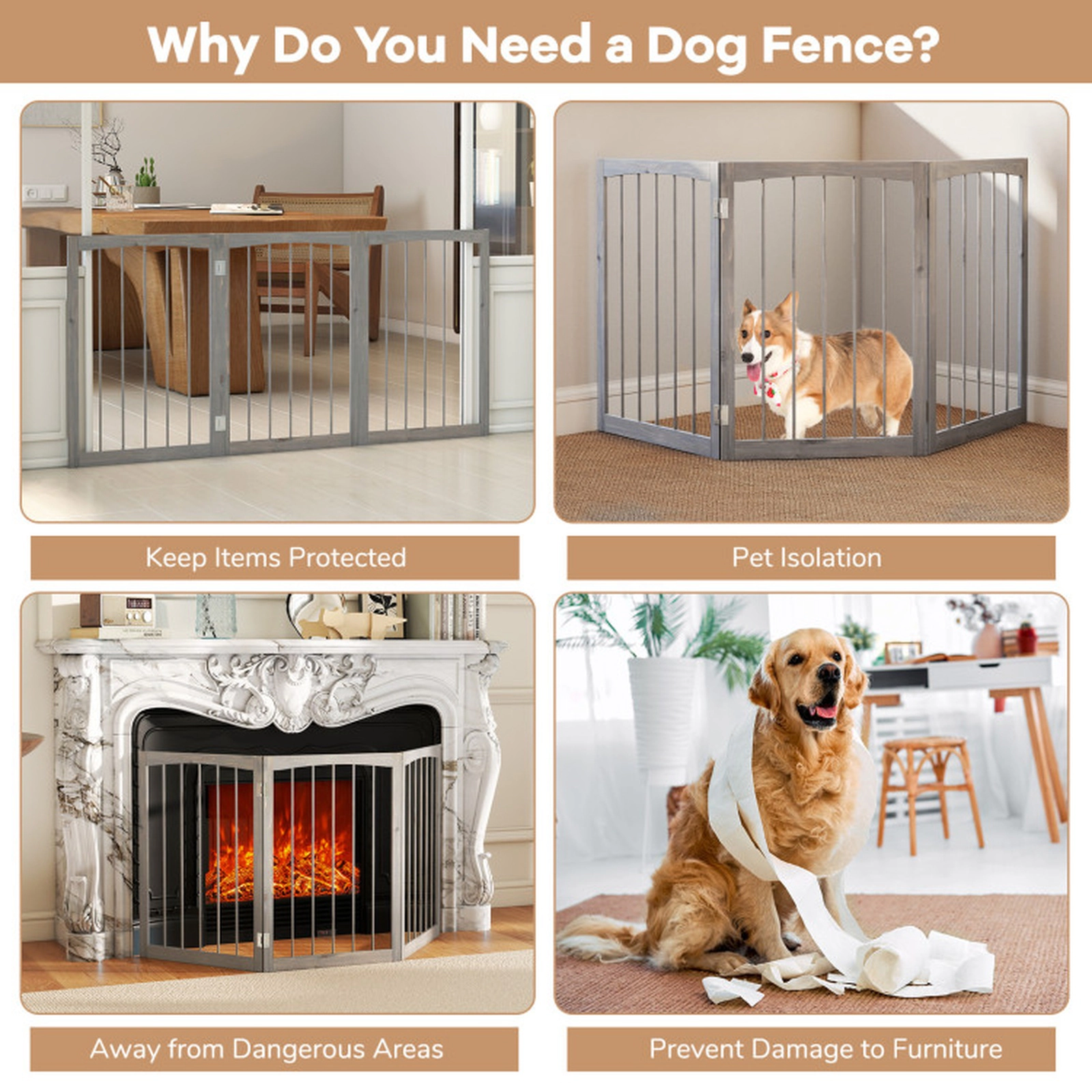 SUGIFT 30-in Tall Wooden Freestanding Pet Fence Dog Gate with 3 Rotating Panels for Cats and Small Dogs