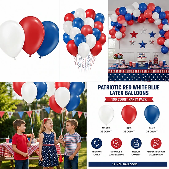 LoonBalloon 11-Inch Patriotic Latex Balloons 100-Count - JCPenney
