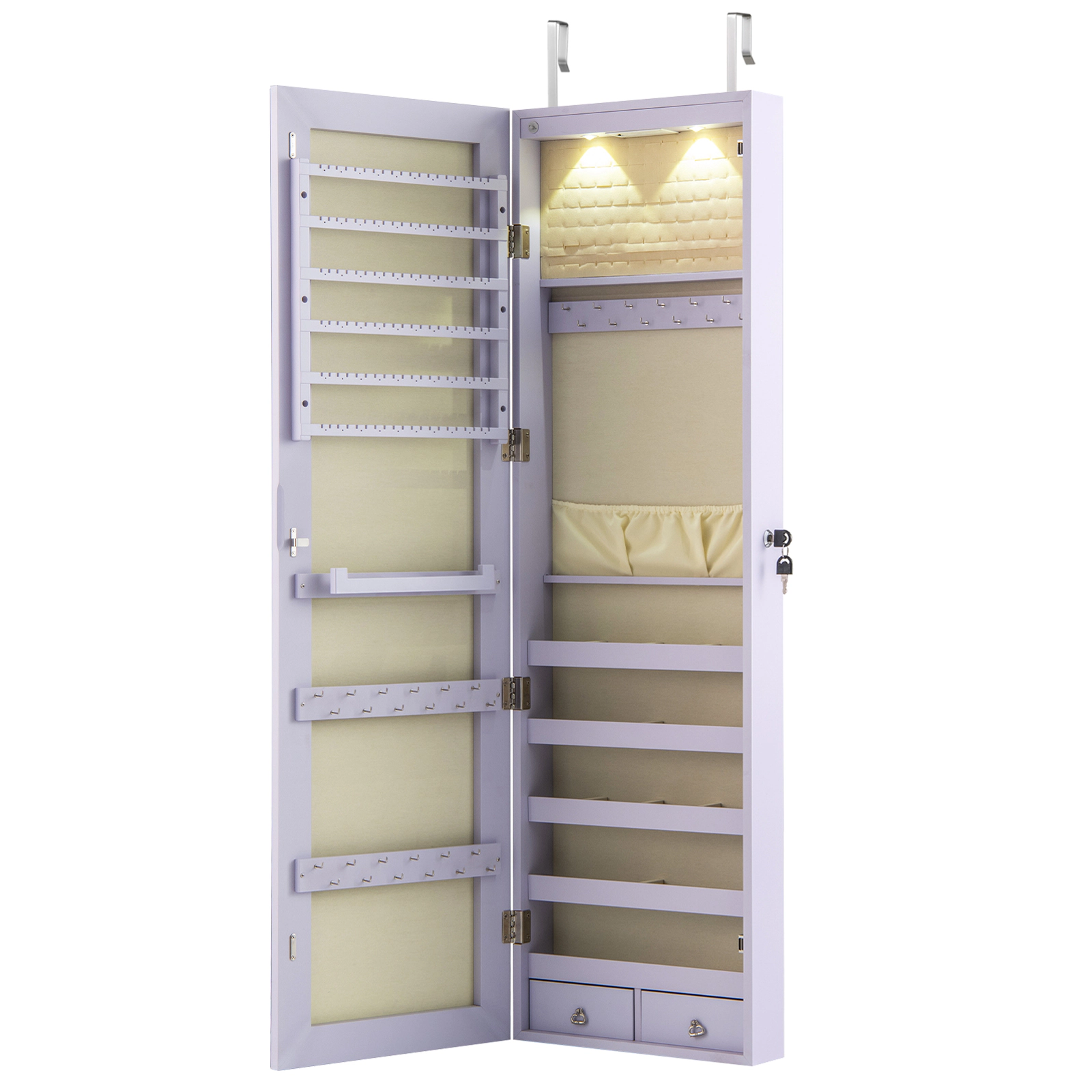 SUGIFT Purple Lockable Mirrored Jewelry Cabinet Wall or Door Mounted Armoire with Velvet Liner Interior