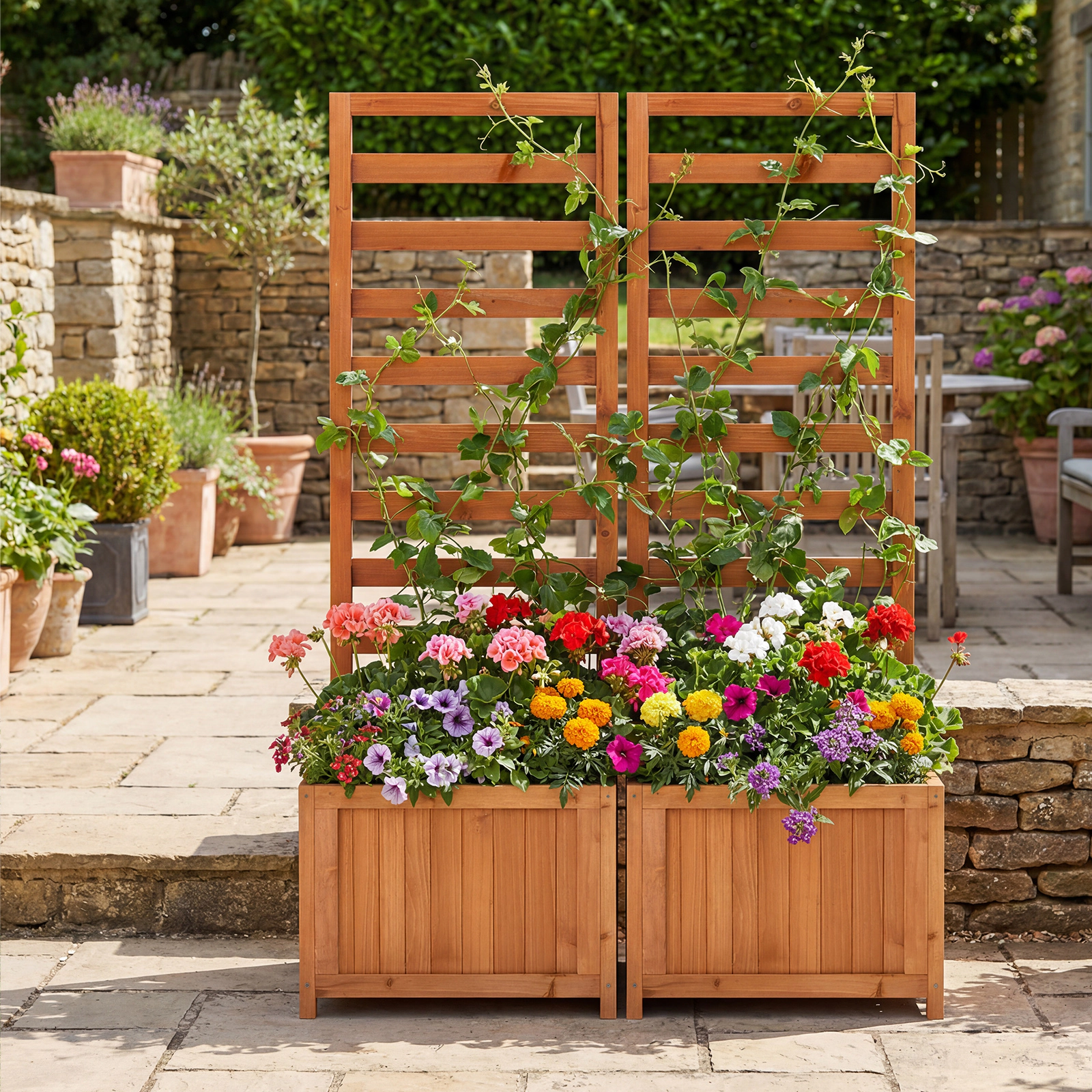 LJG 48 Inch Wood Raised Garden Bed with Trellis with Drainage Holes