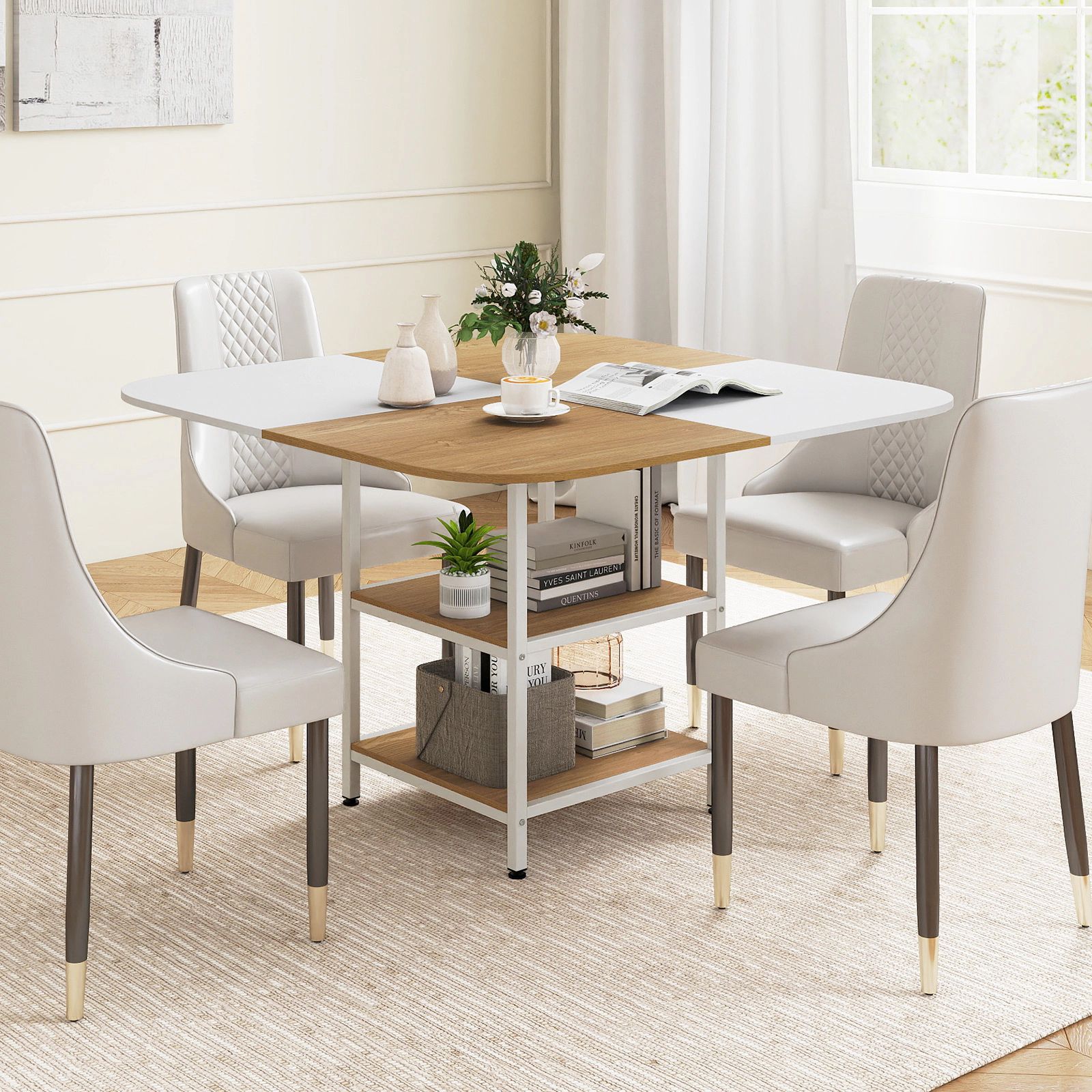 SUGIFT 47.5-Inch Square Dining Table for 4 with 2-Tier Shelves and Metal Frame