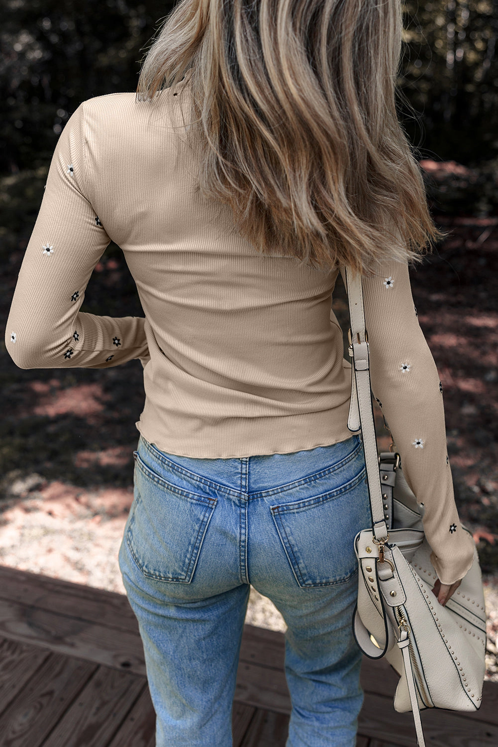Threaded Pear Women's Genesis Embroidered Detail Ribbed Long Sleeve Top