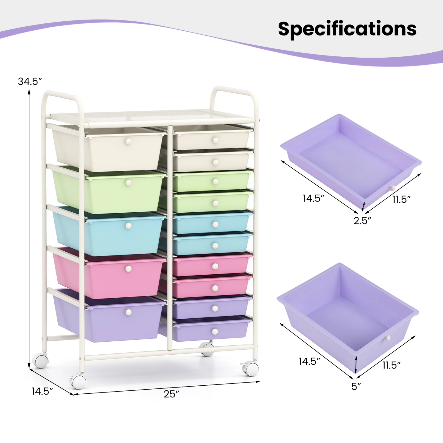 SUGIFT 15-Drawer Utility Rolling Cart with Removable Drawers 22-lb Top Capacity Icecream Multicolor