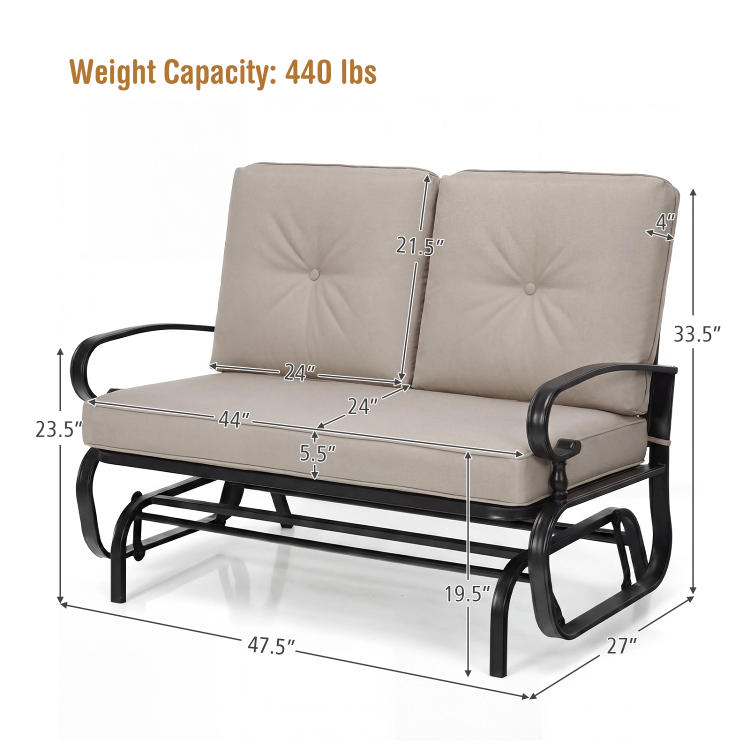 LJG 2 Seats Outdoor Swing Glider Chair with Comfortable Cushions
