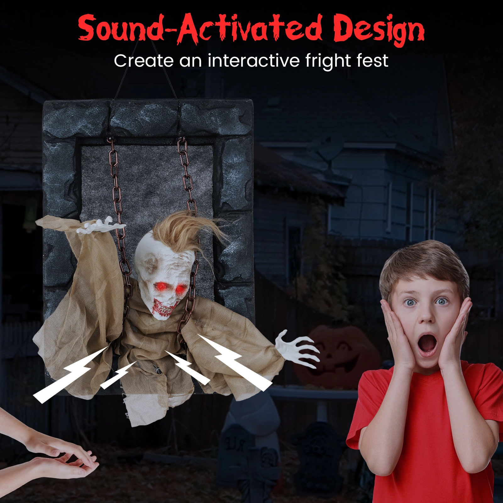 SUGIFT 18-in x 12.5-in Sound-Activated Red LED Eyes Hanging Halloween Zombie Prisoner Decor 3-in Frame 1-lb