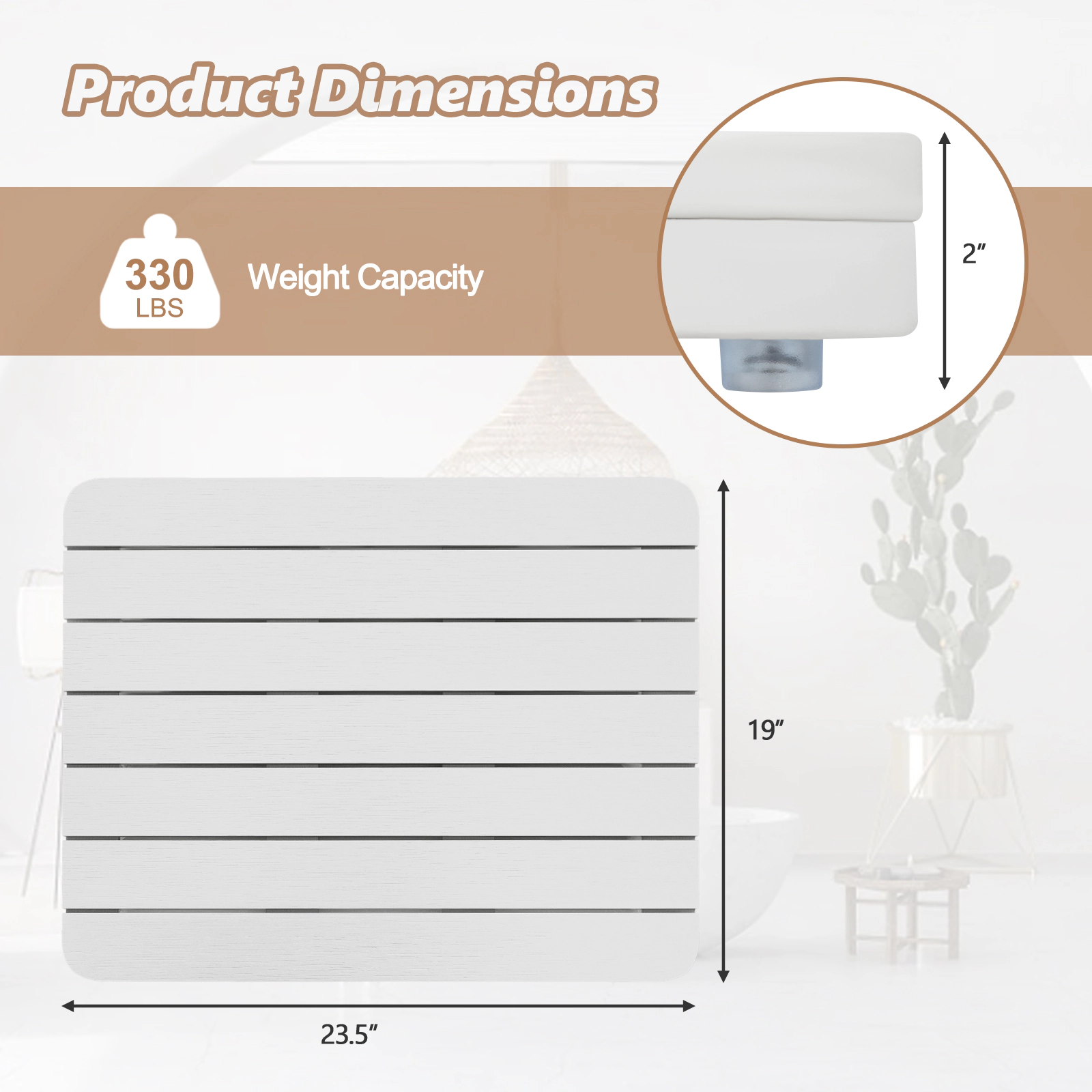 SUGIFT Waterproof Non-Slip Foot Pads Slatted Drainage Bath Shower Mat 23.5-in x 19-in x 2-in 330-lb Capacity White
