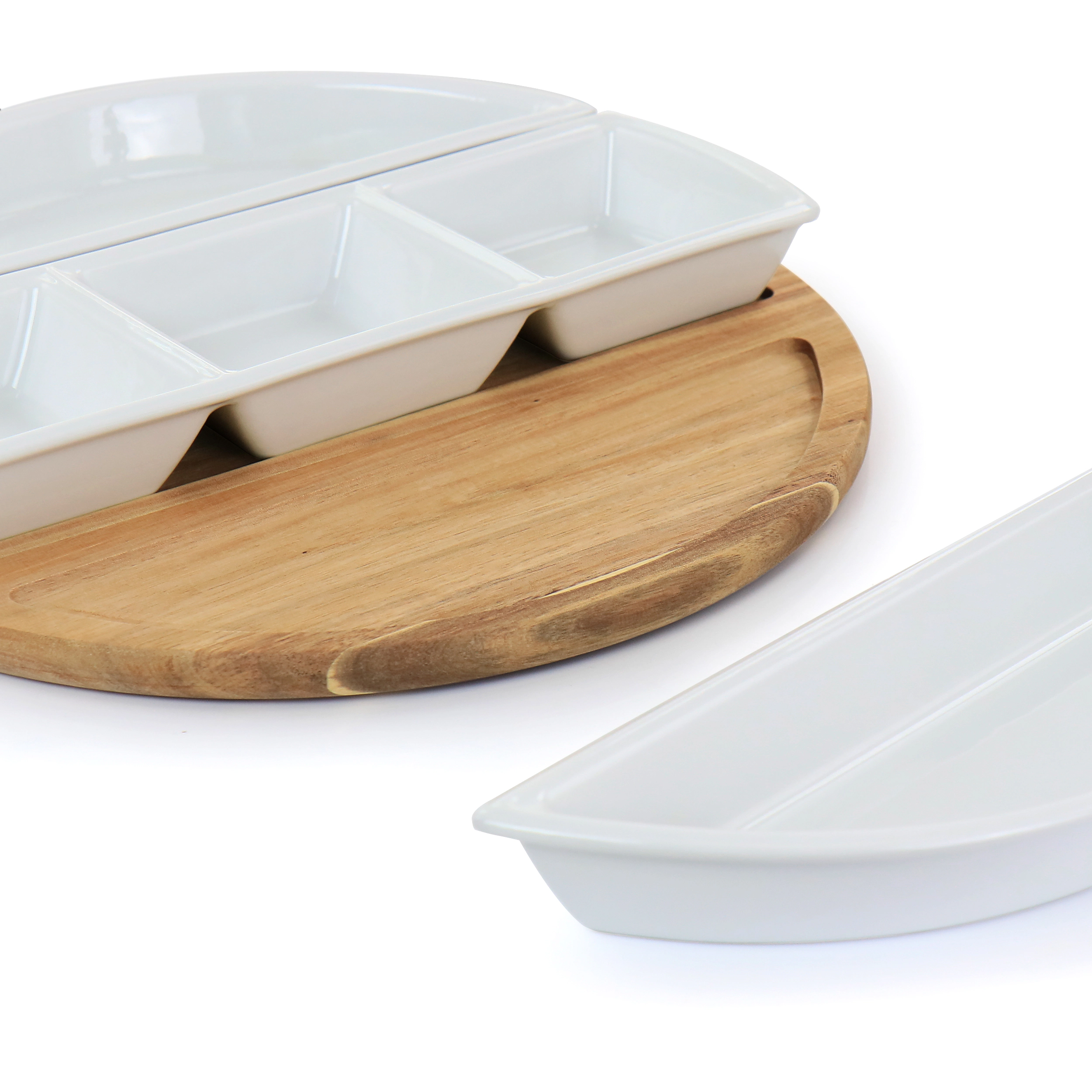Gibson Elite Gracious Dining 4 Piece Fine Ceramic Sectional Tray Set with Acacia Wood Base