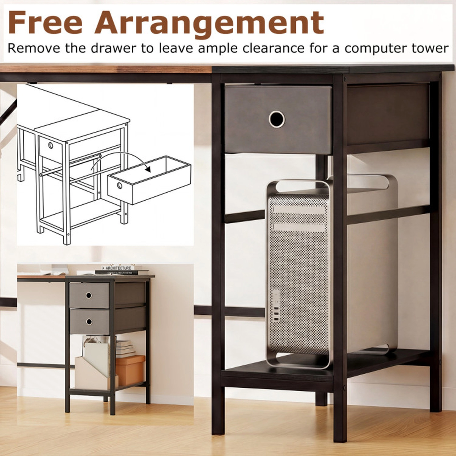 SUGIFT Industrial Computer Desk 2 Folding Fabric Drawers & Open Shelf 110-Lb Tabletop Capacity Rustic Brown Black Gray