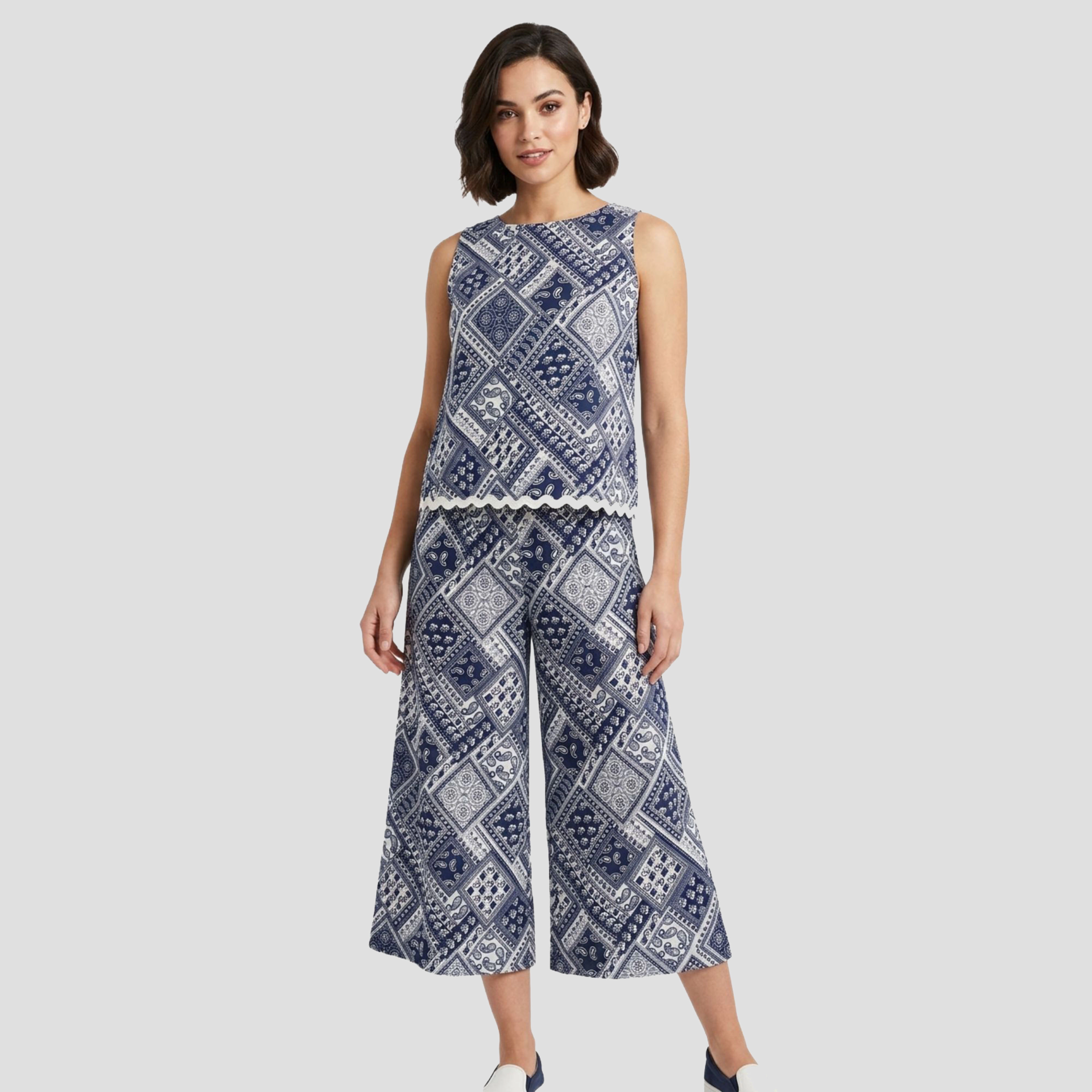 Artyska Women's Patchwork Print Sleeveless Top & Wide-Leg Cropped Pants 2-Piece Set