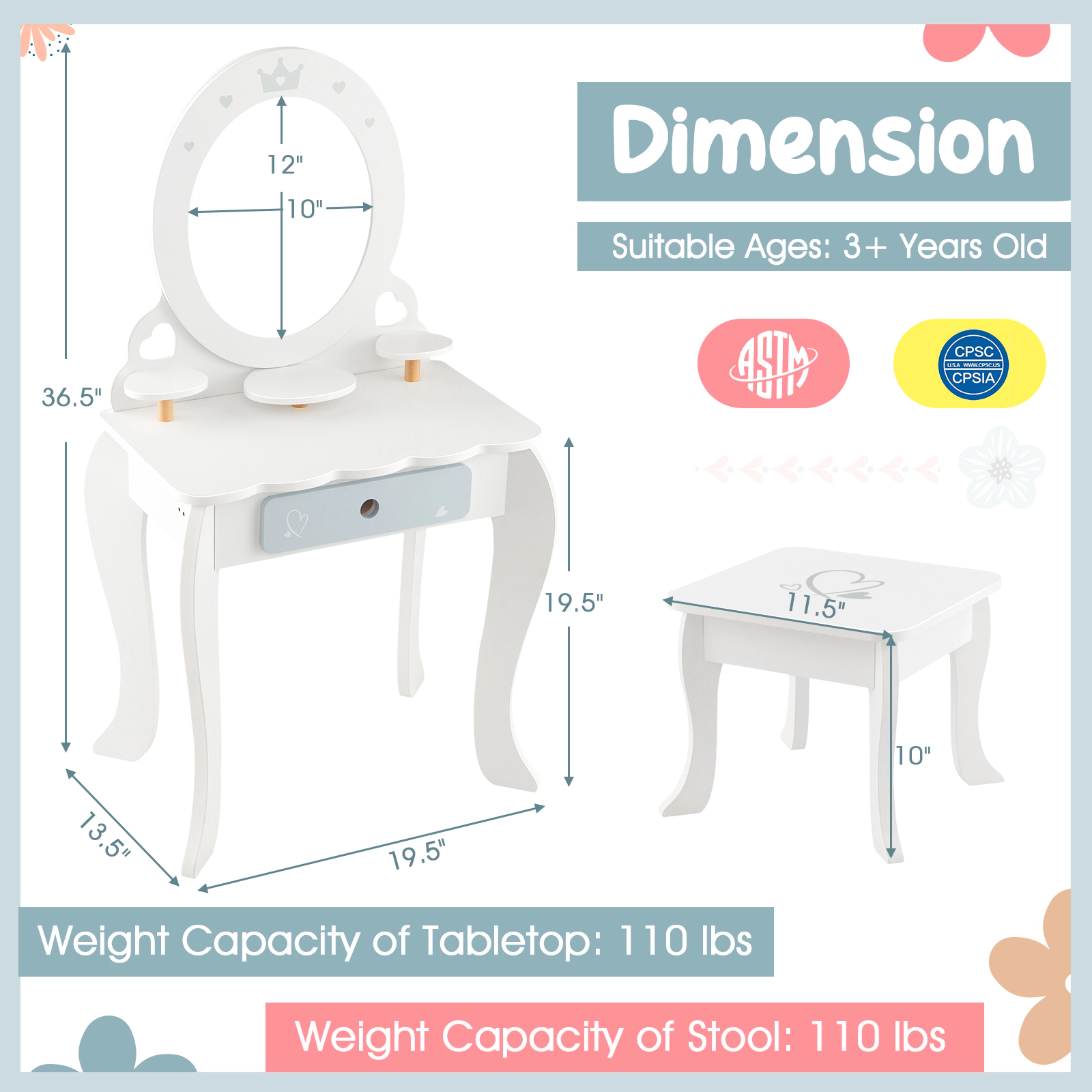 SUGIFT 2-in-1 Princess Makeup Table and Chair Set with Removable Mirror 110-lb Capacity Ages 3+ White
