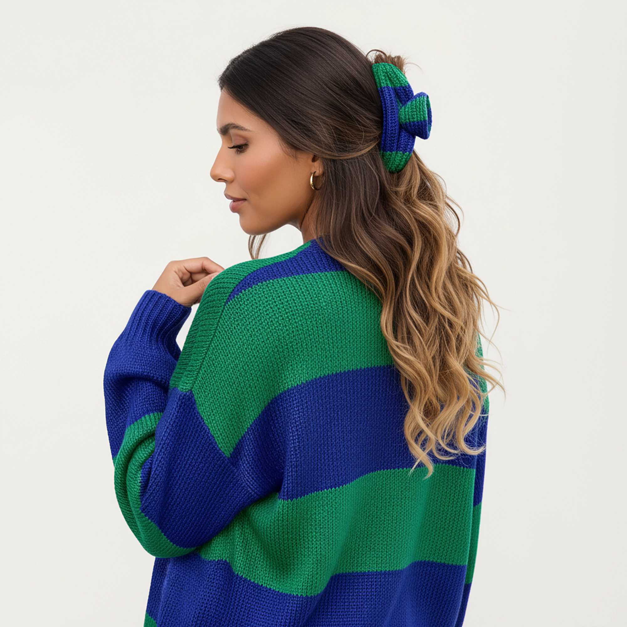 Anna-Kaci Women's Bold Stripe Knit Cardigan with Ribbed Hem and Balloon Sleeves