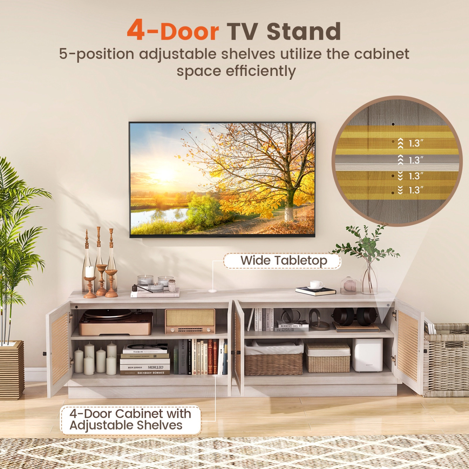 SUGIFT 70-In White Farmhouse TV Stand for TVs Up to 75 Inches, 4 PE Rattan Doors