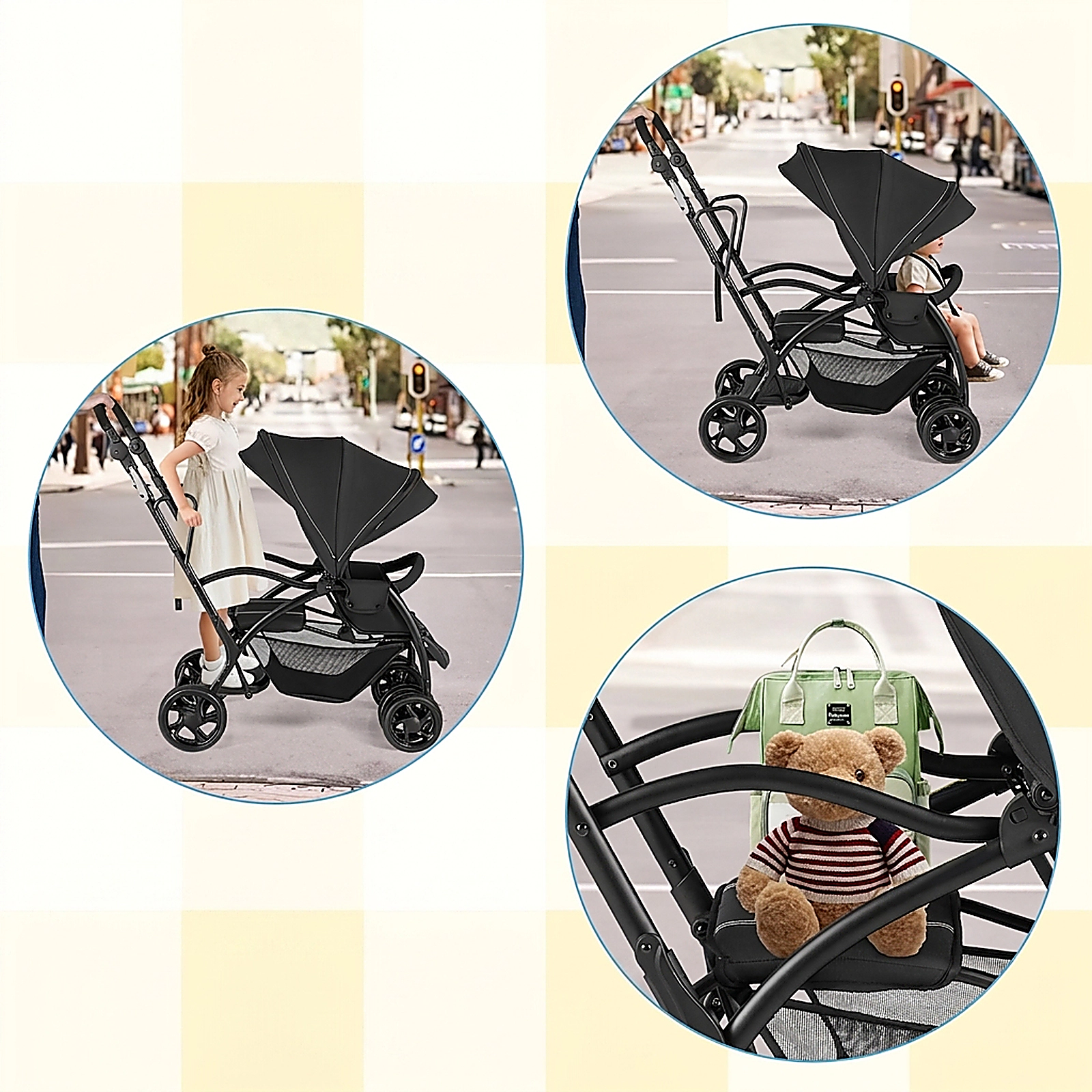 SUGIFT Black 33-lb Seat and 50-lb Platform Foldable Sit and Stand Twin Tandem Double Baby Stroller