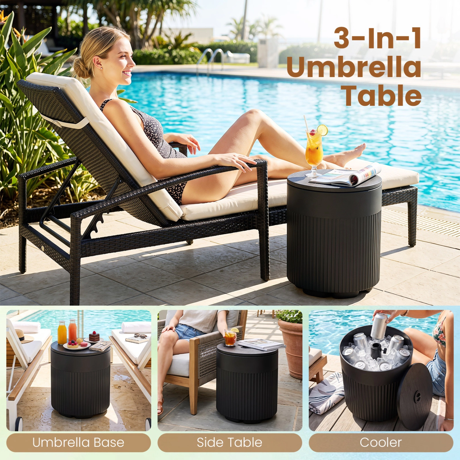 SUGIFT Black Water Bag Side Table and 2-in Pole Hole 3-in-1 Outdoor HDPE Umbrella Base