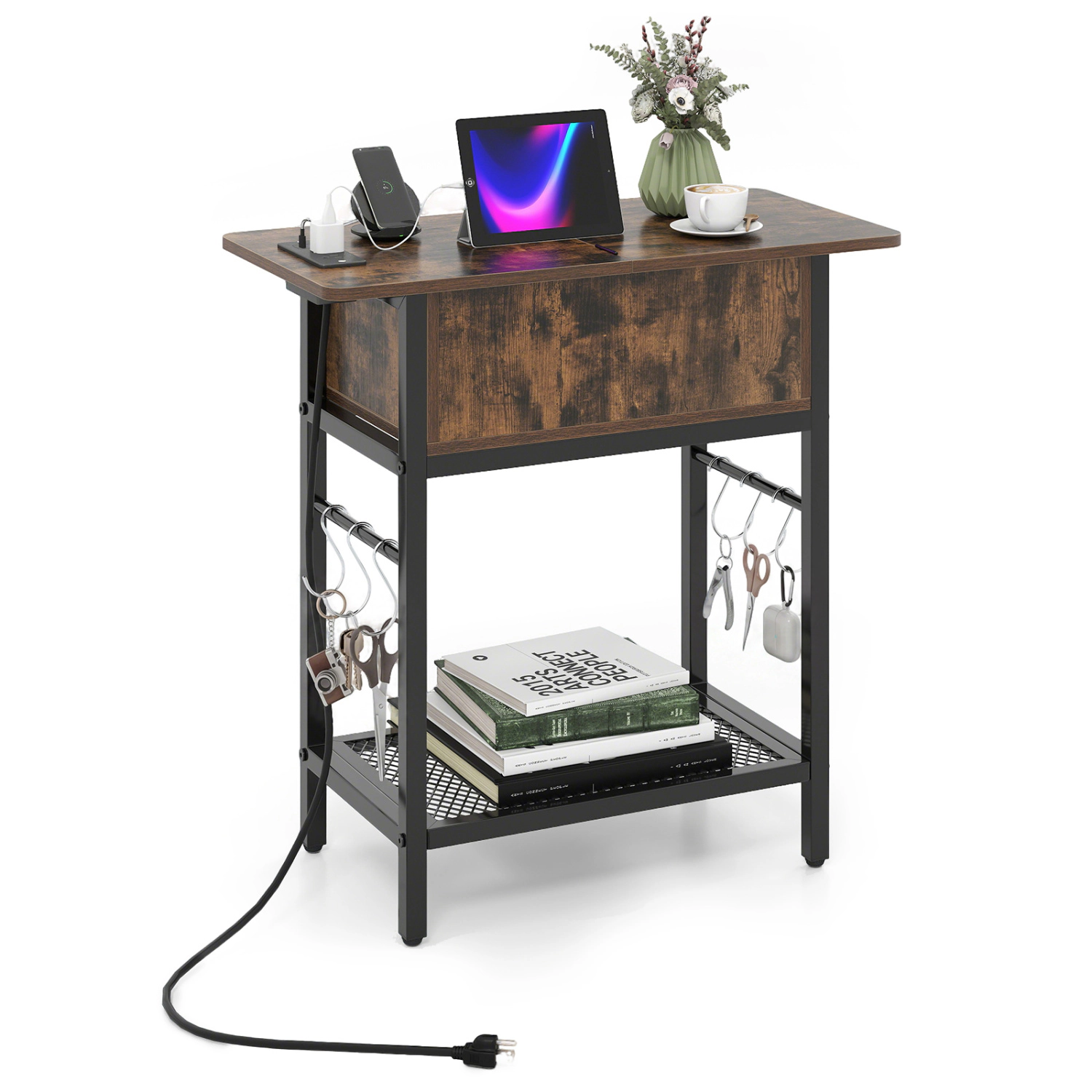 SlickBlue End Table with Charging Station, Storage Cabinet and Hooks