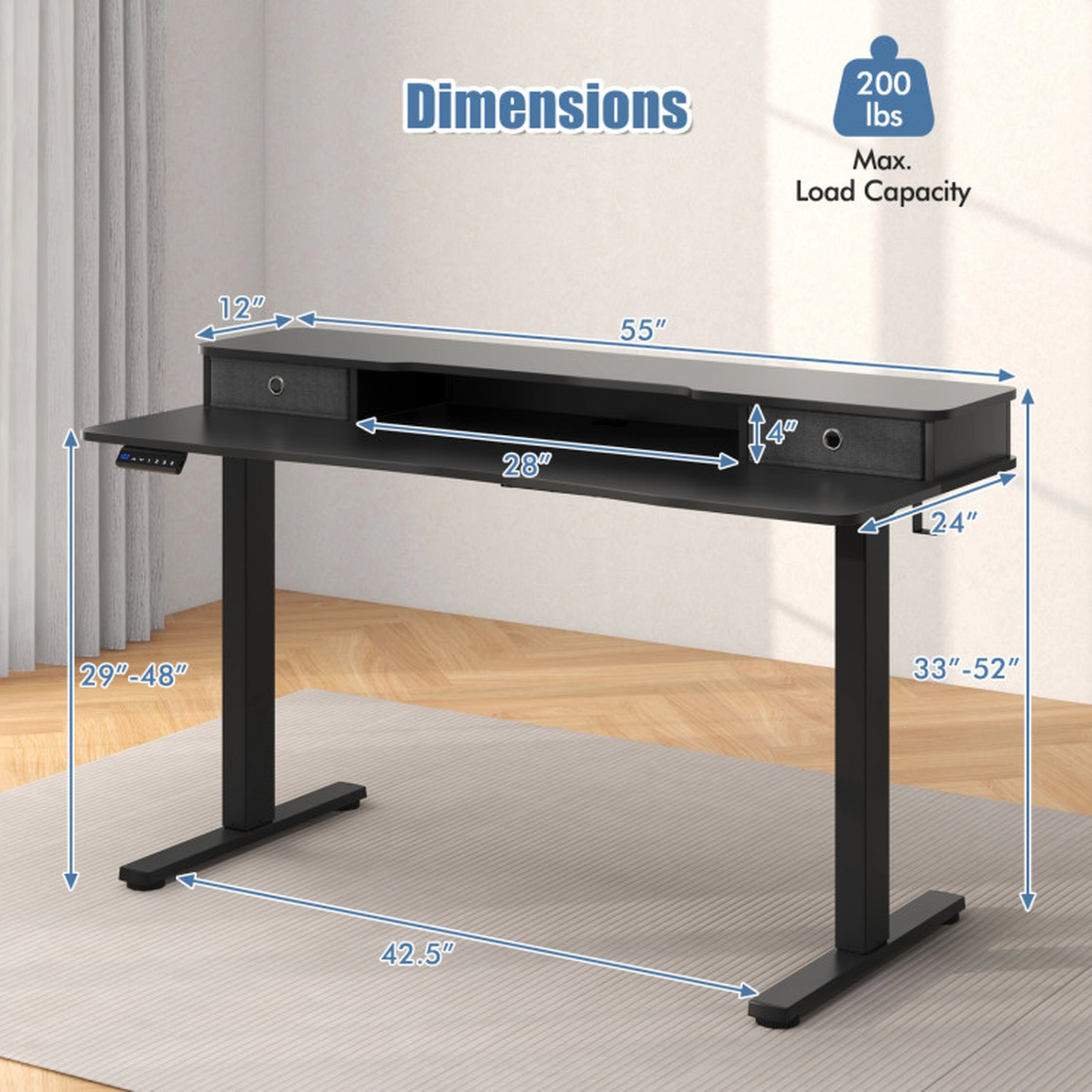 SUGIFT Monitor Shelf and 2 Drawers 55 x 24 Electric Height Adjustable Standing Desk