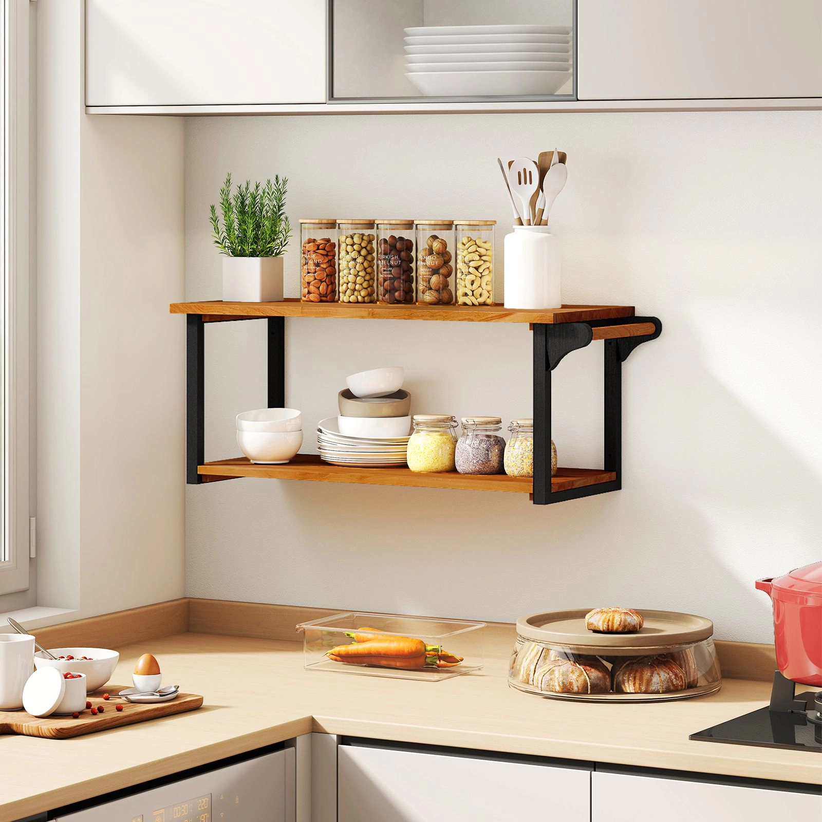 SlickBlue Teak Wood Wall Mounted Shelf with Towel Bar, 2 Tier