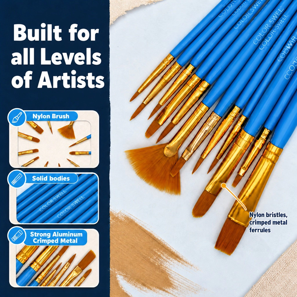 Color Swell Bulk Paint Brushes, 18 Pack, 12 Brushes per Pack (216 Total)