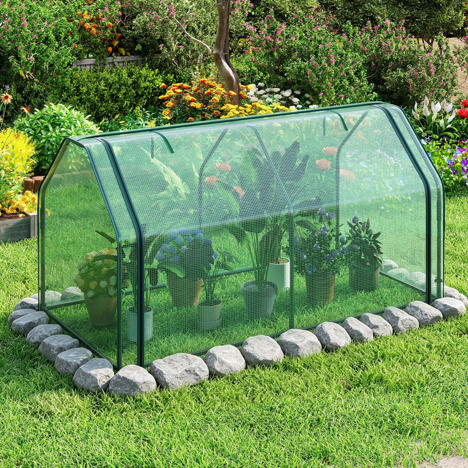 LJG Portable Mini Greenhouse Small Garden with PE Cover and Zippered Roll-up Door for Vegetables