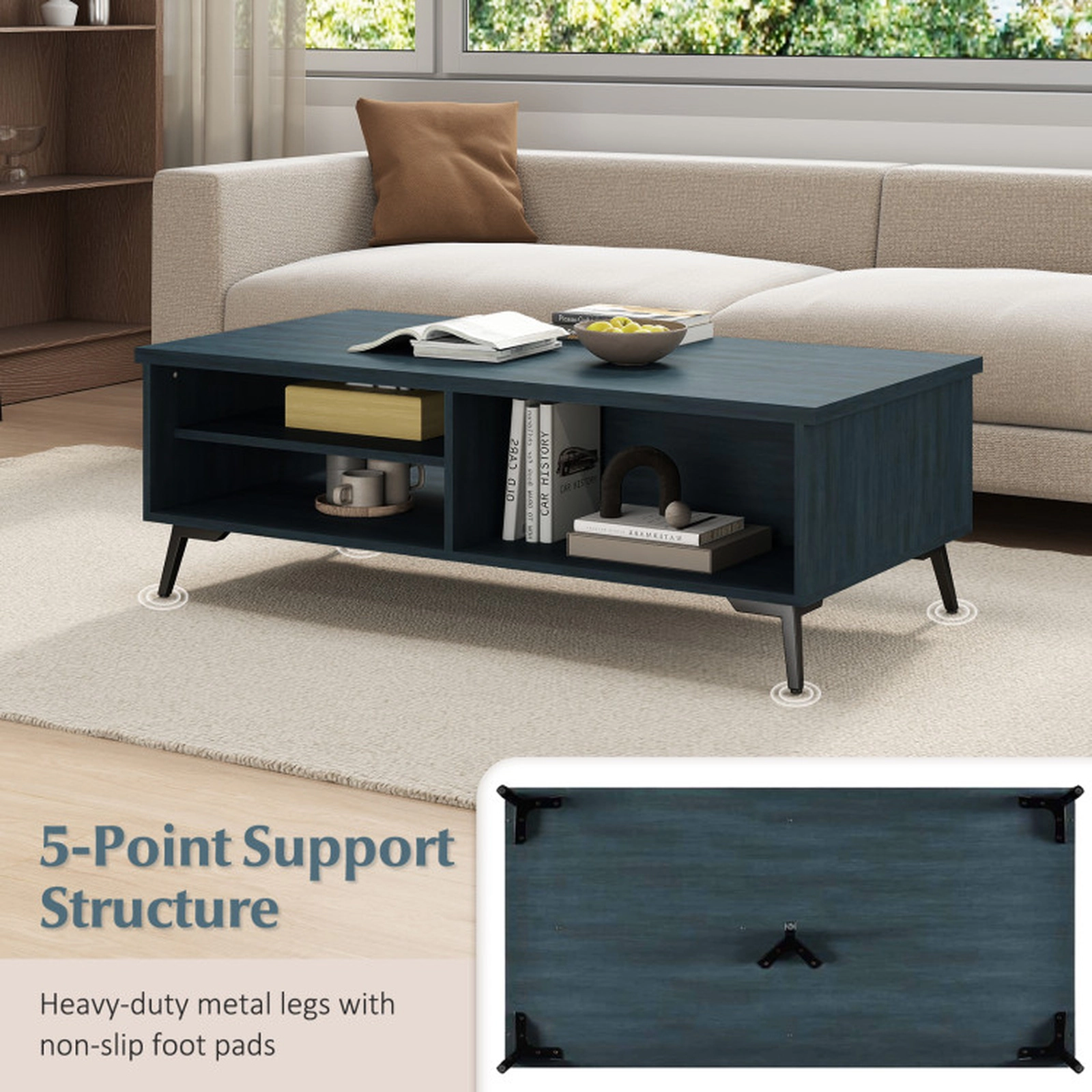 SUGIFT 2-Tier Mid Century Modern Coffee Table with Storage Shelves and Compartments 176-lb Tabletop Capacity Walnut/Blue