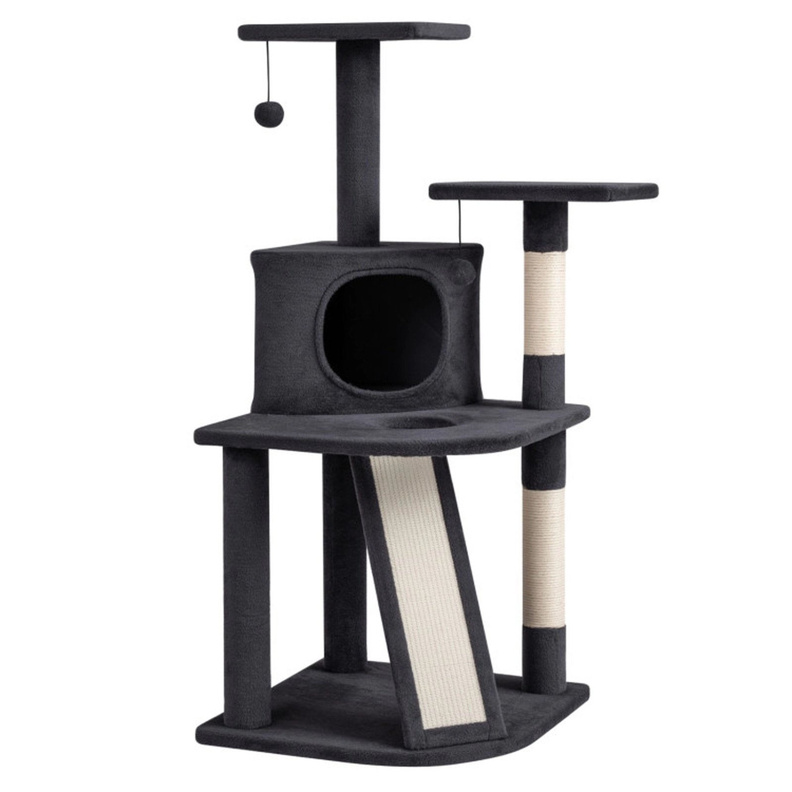 SUGIFT 44-in Tall Dark Gray Cat Tree Tower with Condo 2 Plush Perches Sisal Posts Ramp and Hanging Balls