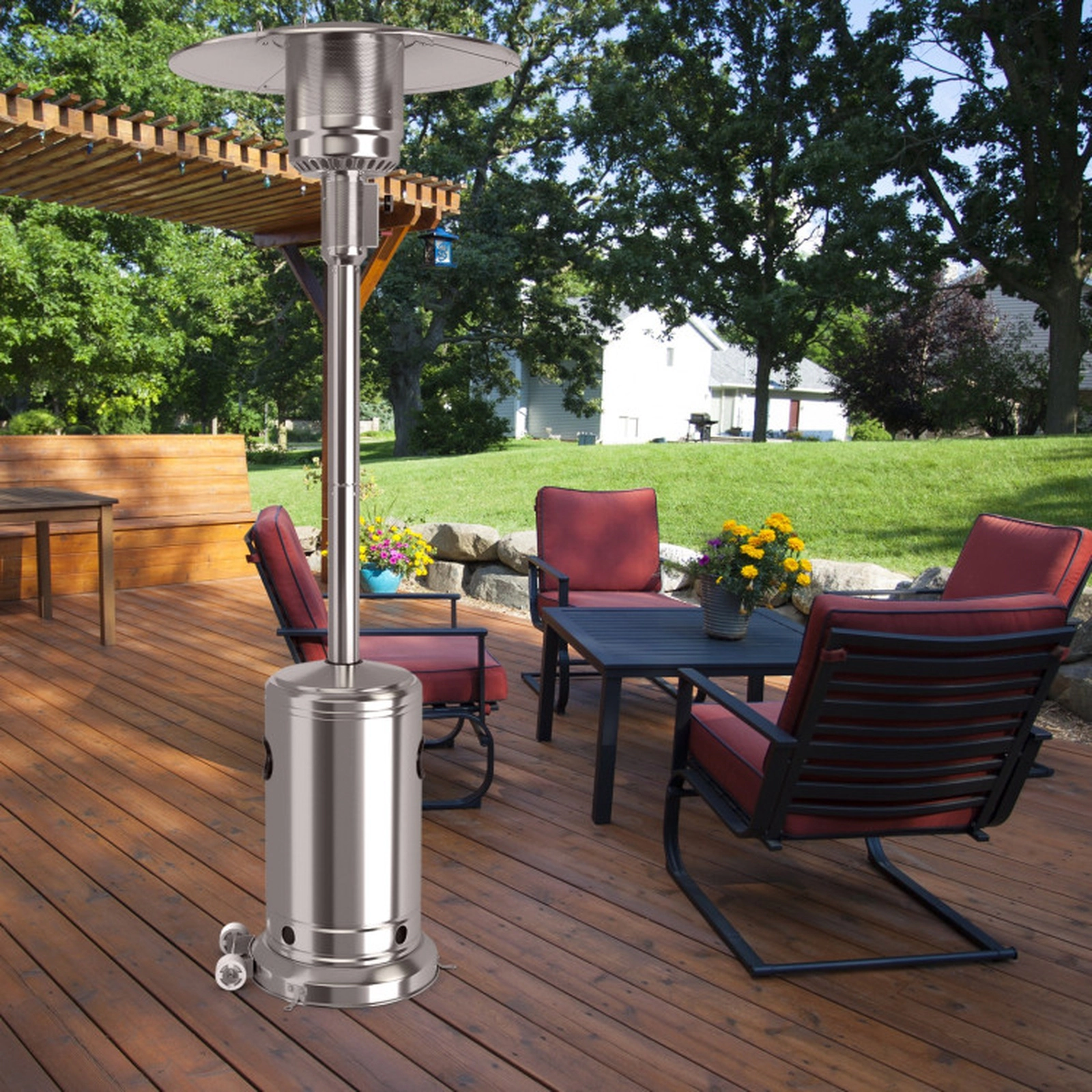 SUGIFT 50000-BTU Silver Stainless Steel Standing Propane Patio Heater with 15-ft Heat Range and Wheels