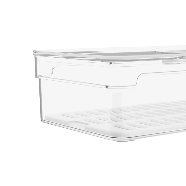 OU Fridge Organizer Bin w/ Vented Lid, Clear Stackable Refrigerator Storage Container w/ Drain Tray, 4 Pack 11.8" Depth