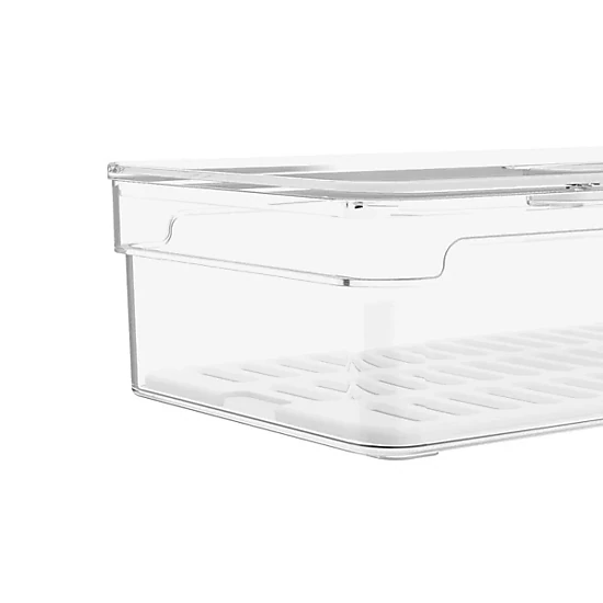 OU Fridge Organizer Bin w/ Vented Lid, Clear Stackable Refrigerator Storage Container w/ Drain Tray, 4 Pack 11.8" Depth